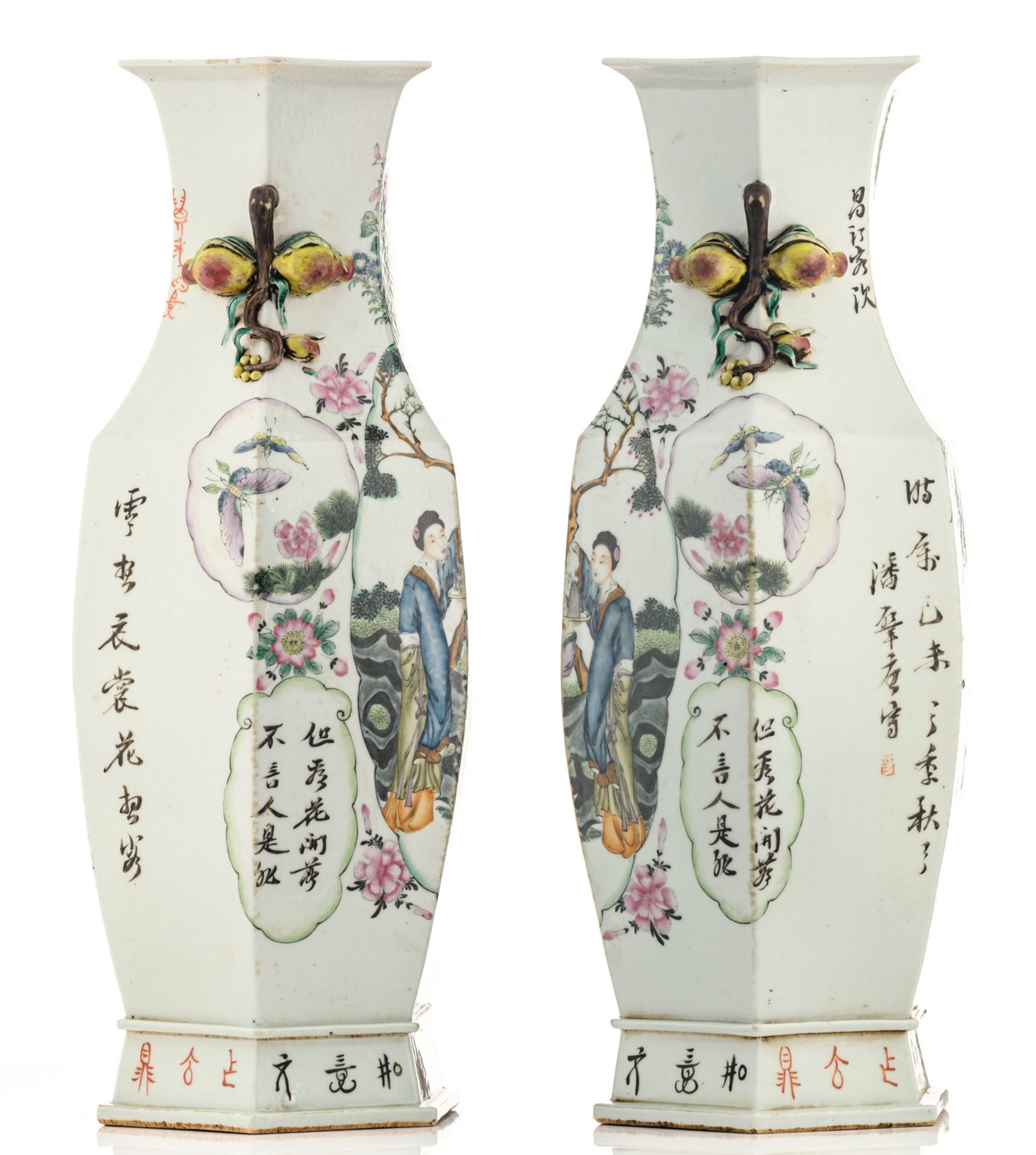 A pair of Chinese famille rose quadrangular vases, decorated with a gallant scene and calligraphic - Bild 4 aus 6