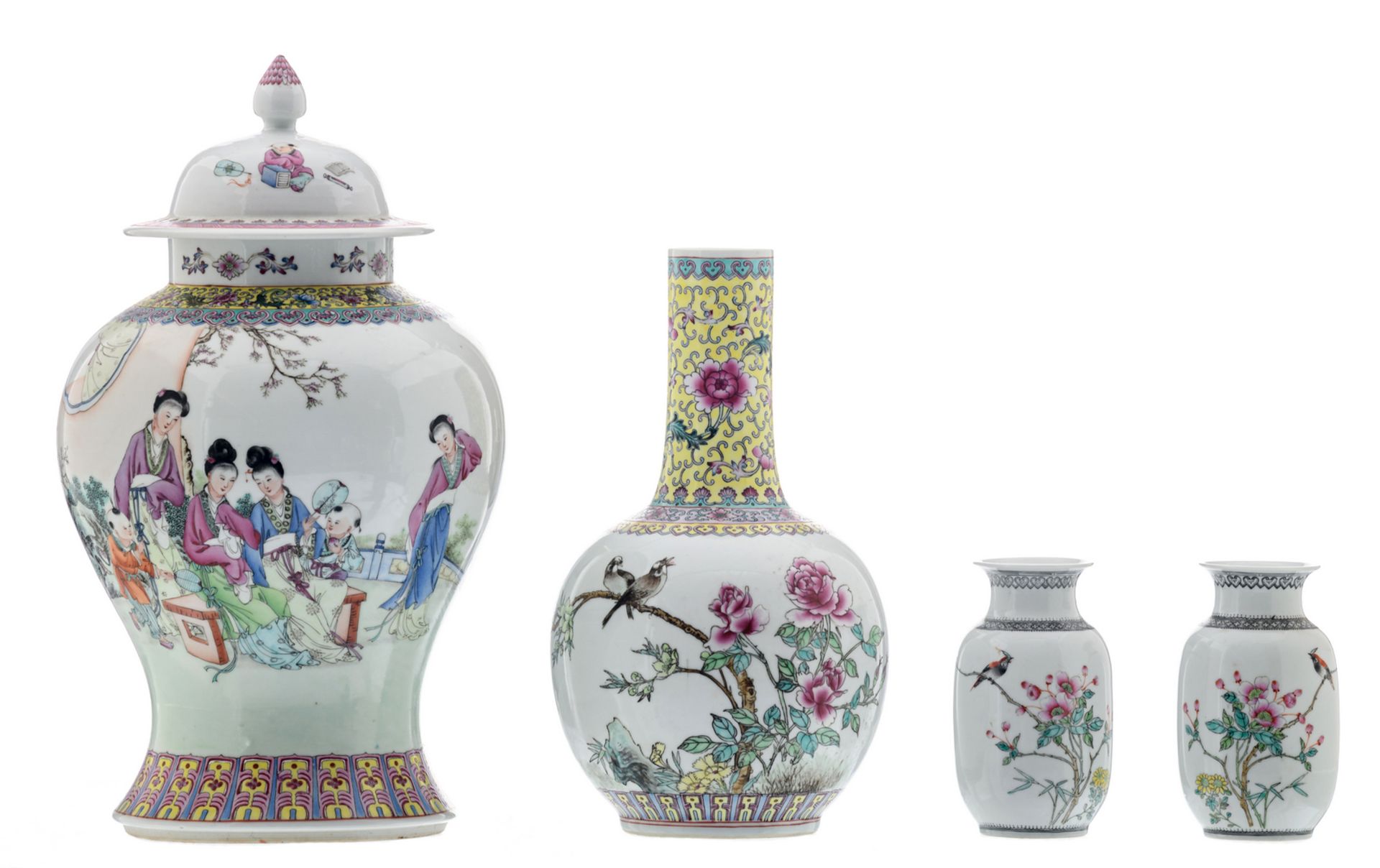 A Chinese famille rose bottle vase and vase and cover, decorated with a gallant garden scene,
