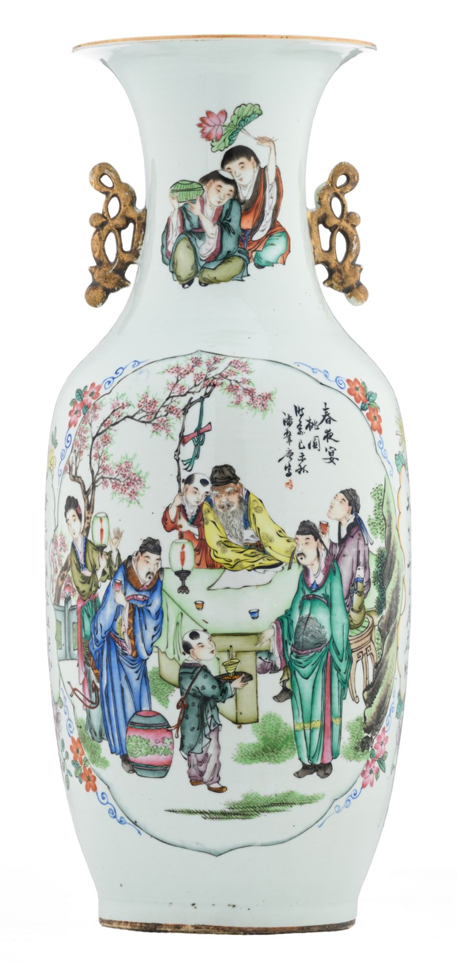 A Chinese famille rose vase, one side decorated with an animated scene, the other side with a bird