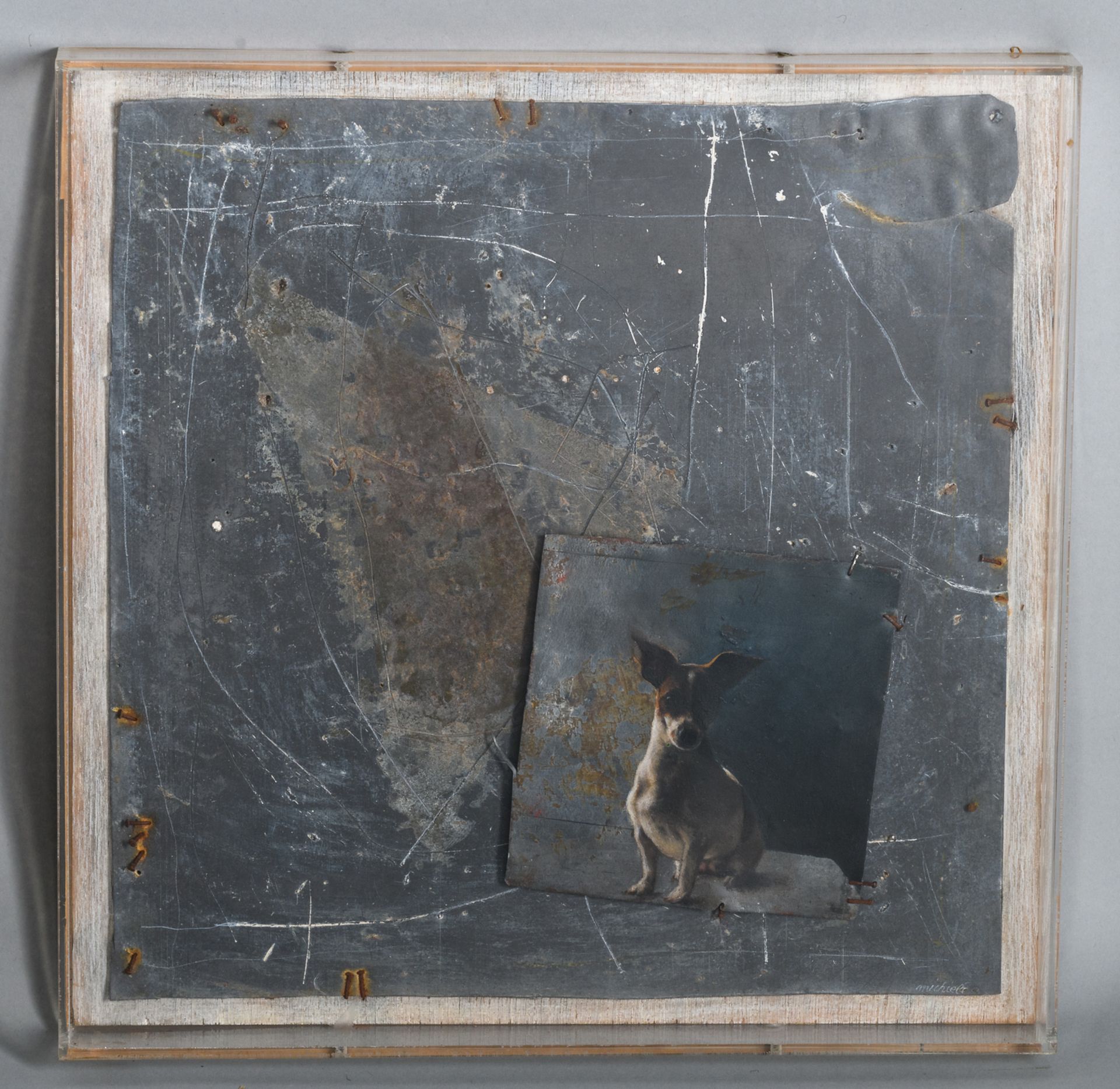 Michiels D., 'Tache', oil on zinc, dated 1998, in a plexi box, 36 x 36 cm - Image 3 of 6