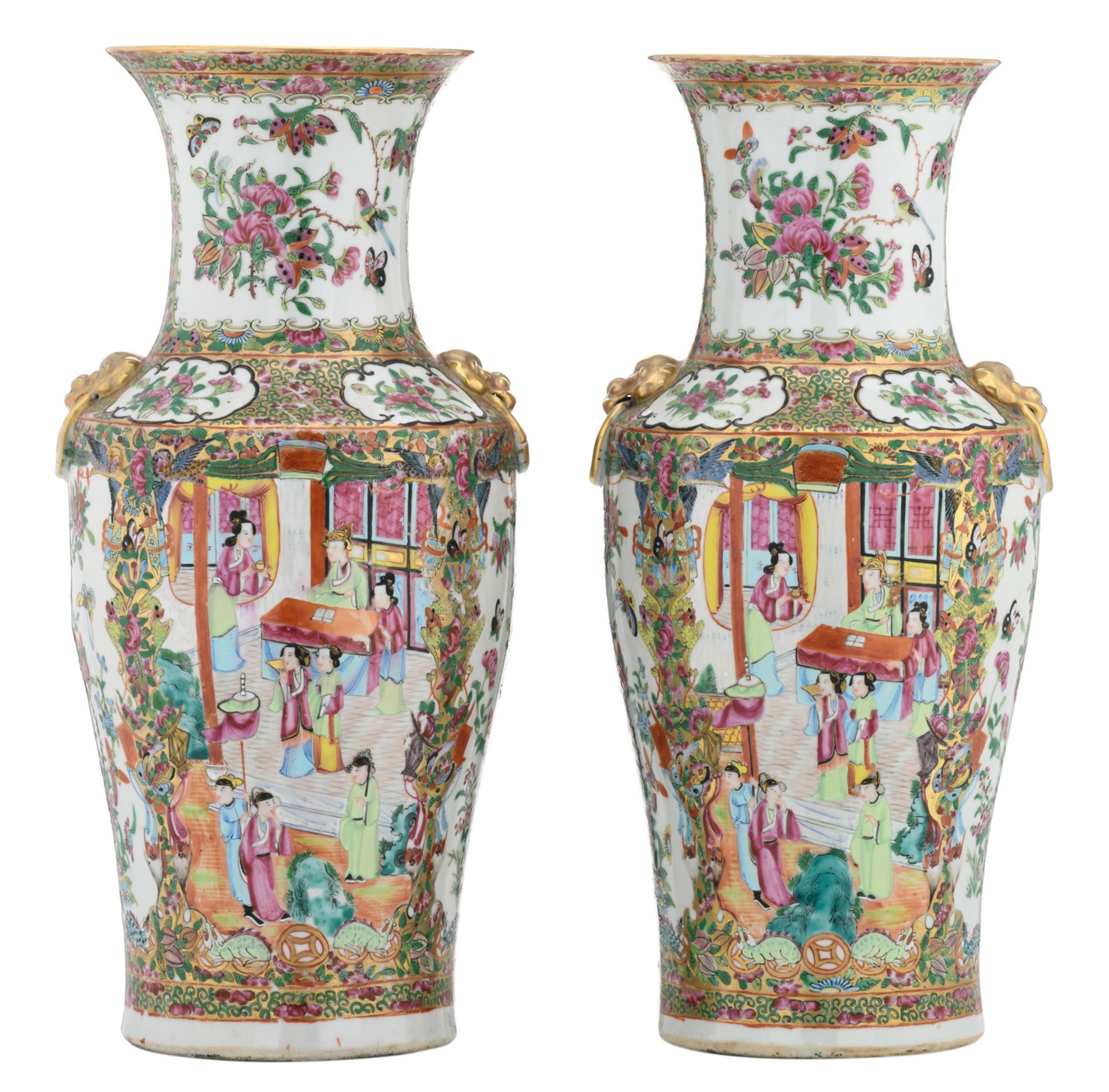 A pair of Chinese Canton famille rose floral decorated baluster shaped vases, the roundels with - Bild 3 aus 6