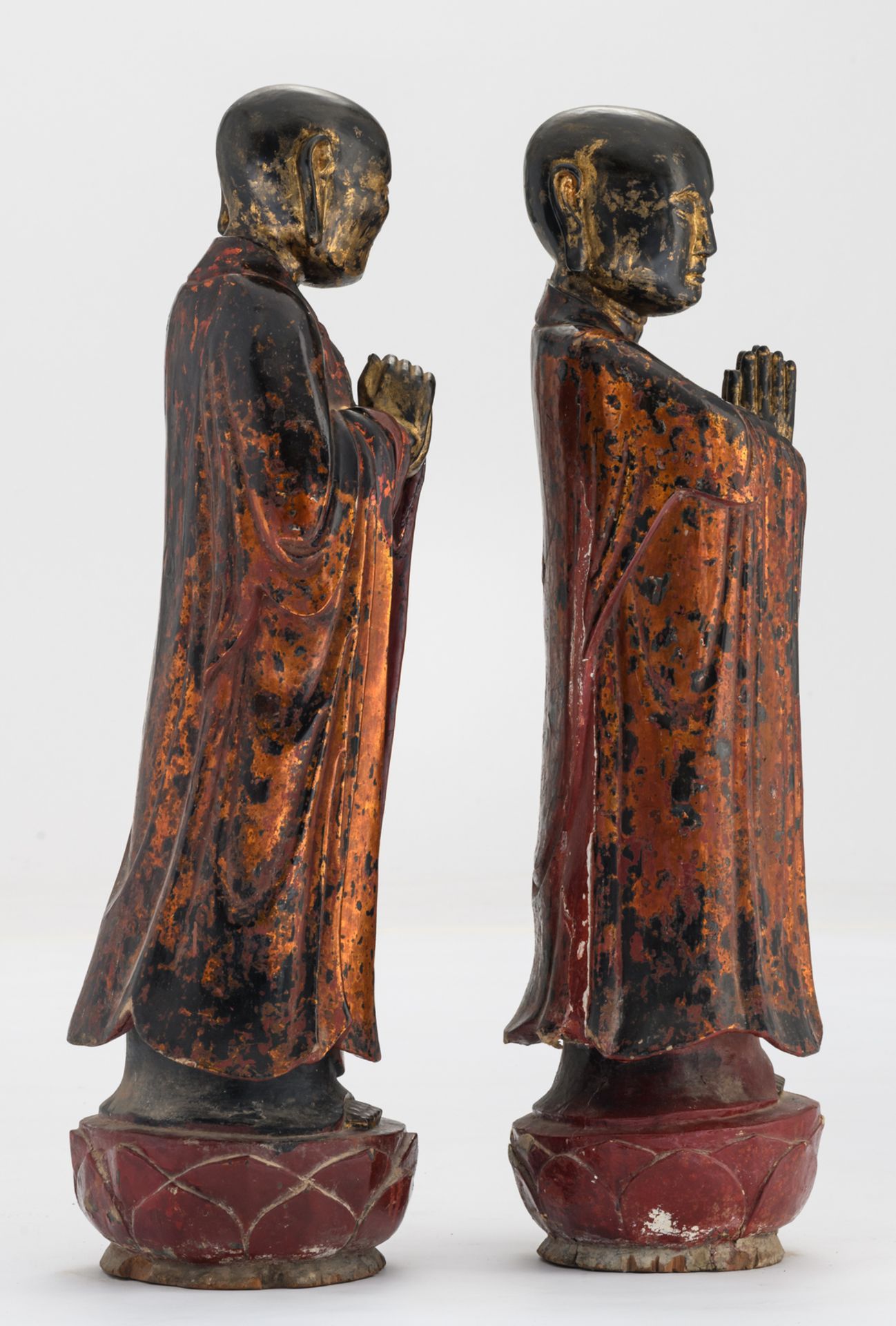 Two Oriental polychrome and gilt lacquered figures, papier maché on wood, depicting Ananda and - Image 4 of 6