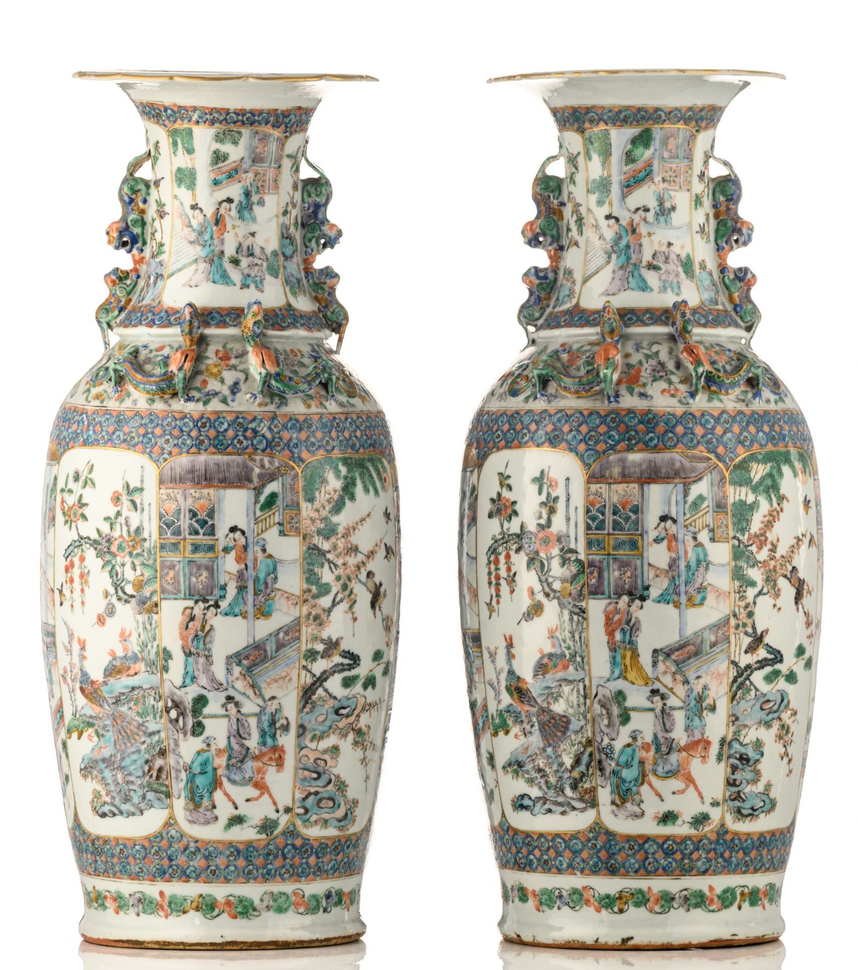 Two Chinese famille verte and polychrome relief decorated vases, the panels with animated scenes, - Bild 3 aus 8