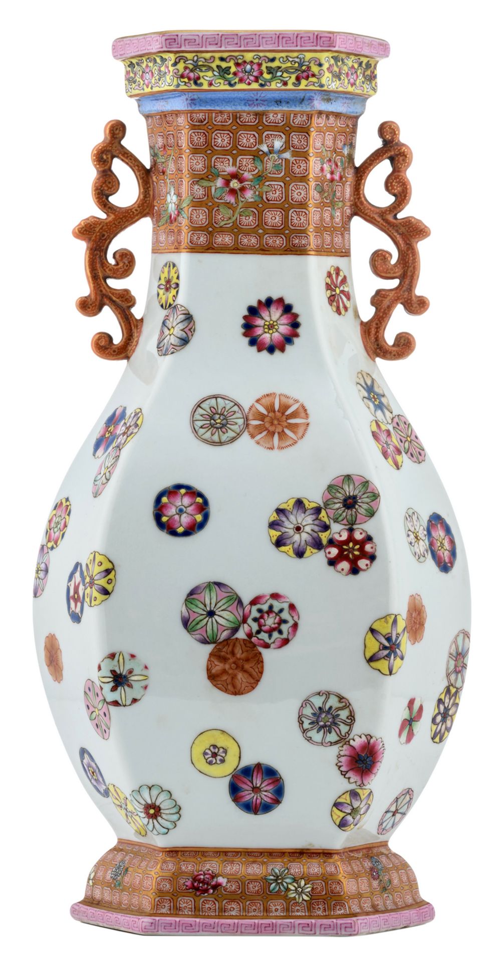 A Chinese famille rose baluster shaped hexagonal vase, decorated with Buddhistic styled flowers,