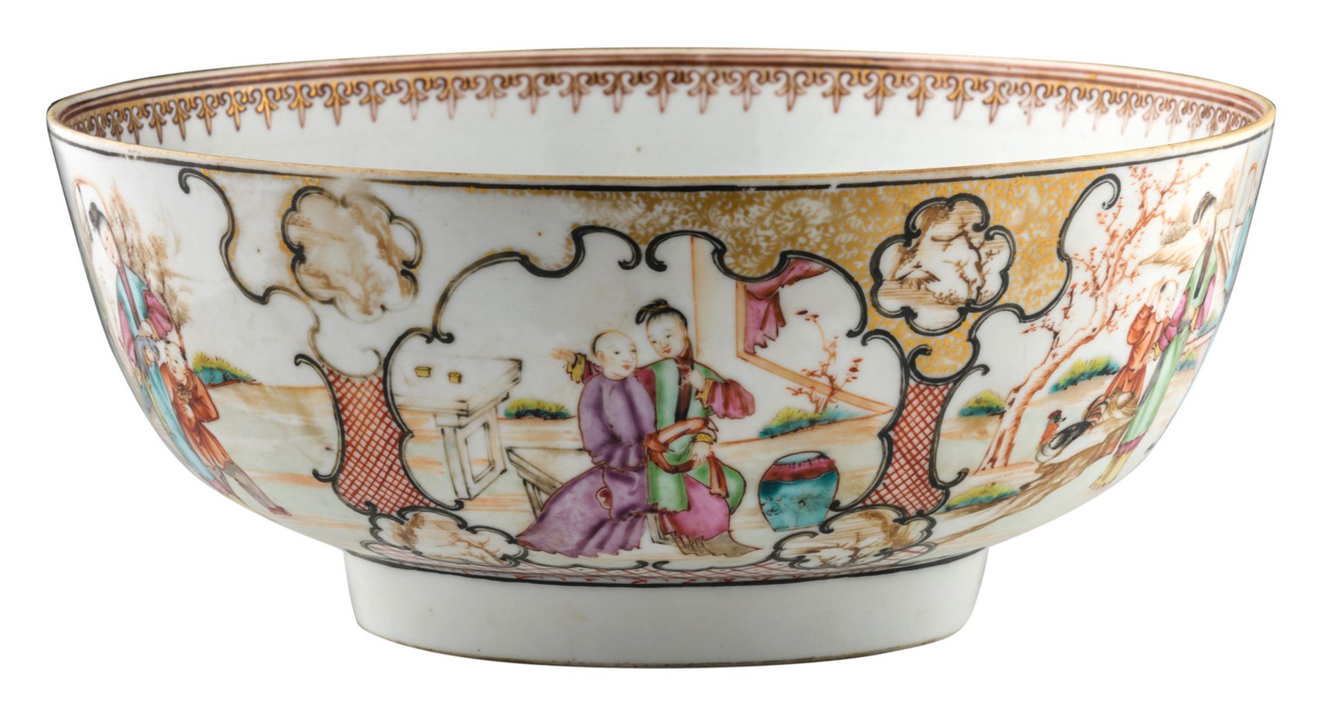 A Chinese export famille rose mandarin bowl, the roundels decorated with animated scenes, 18thC, ø