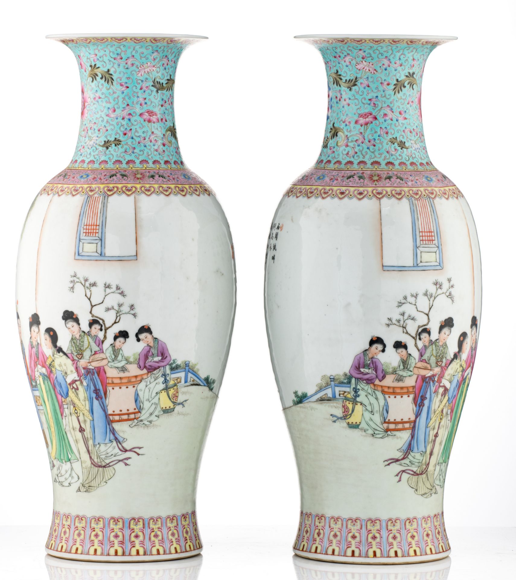 A pair of Chinese famille rose baluster shaped vases, decorated with a gallant garden scene and a - Bild 4 aus 6