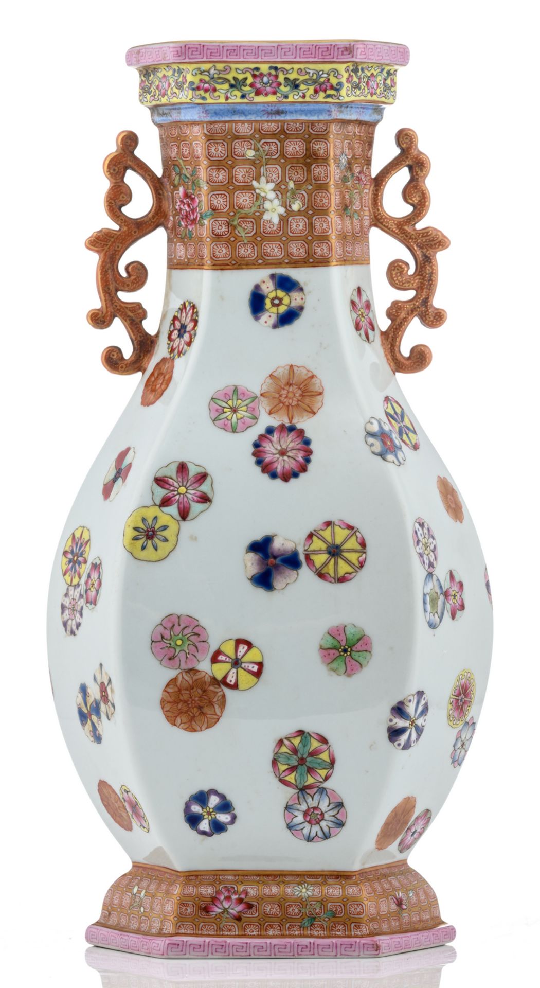 A Chinese famille rose baluster shaped hexagonal vase, decorated with Buddhistic styled flowers, - Bild 3 aus 6