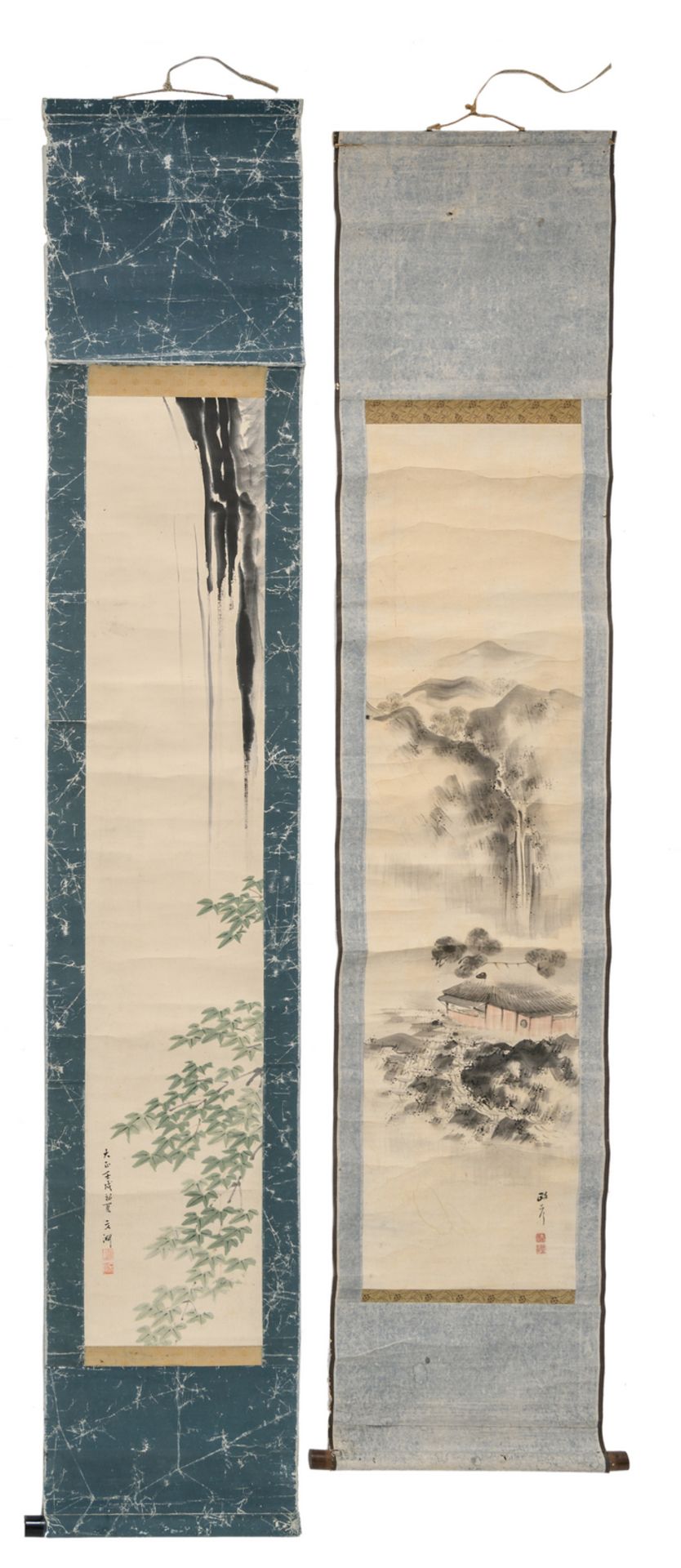 Two Chinese scrolls, Indian ink on paper, one depicting a mountainous landscape with a pavilion in