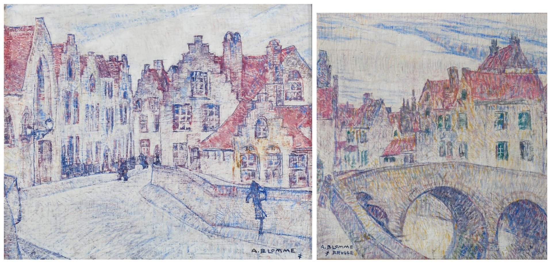 Blomme A., a view on the Speelmansbrug in Bruges and a view on the Vlamingbrug in Bruges, oil on