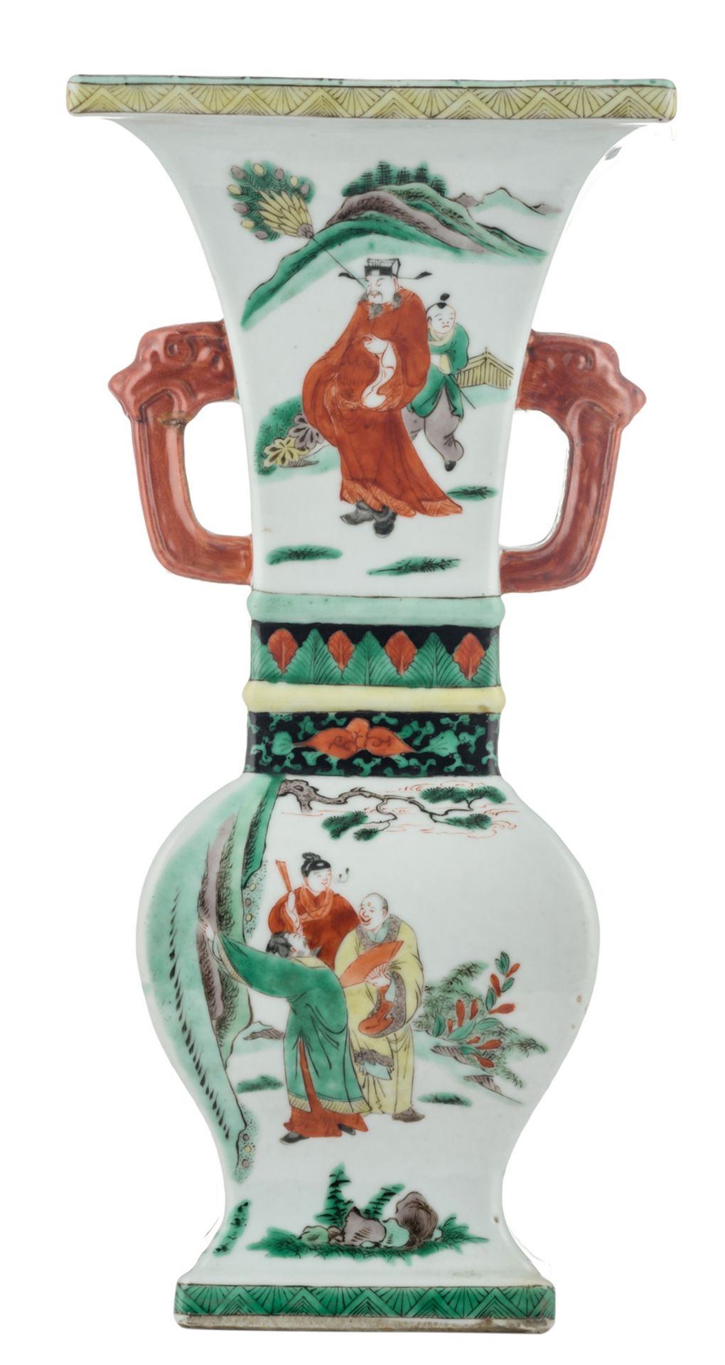 A Chinese famille verte quadrangular baluster shaped vase, all sides decorated with various animated