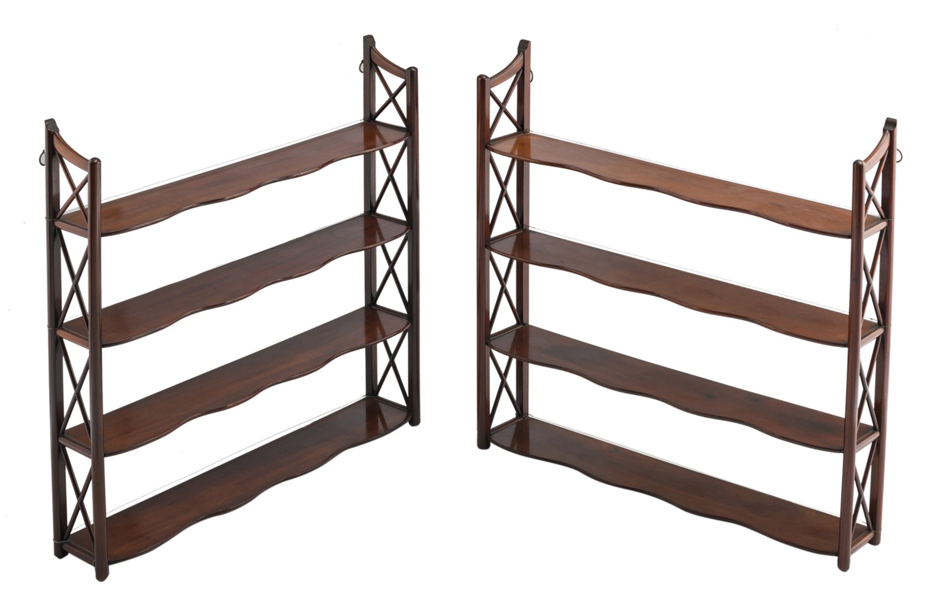 A pair of Oriental inspired mahogany wall racks, H 86,5 - W 86 cm