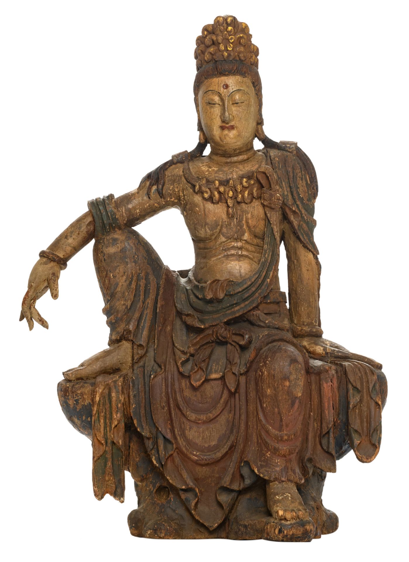 A Chinese carved wooden polychrome and gilt decorated Guanyin, seated in 'Lalitasana', Song type,