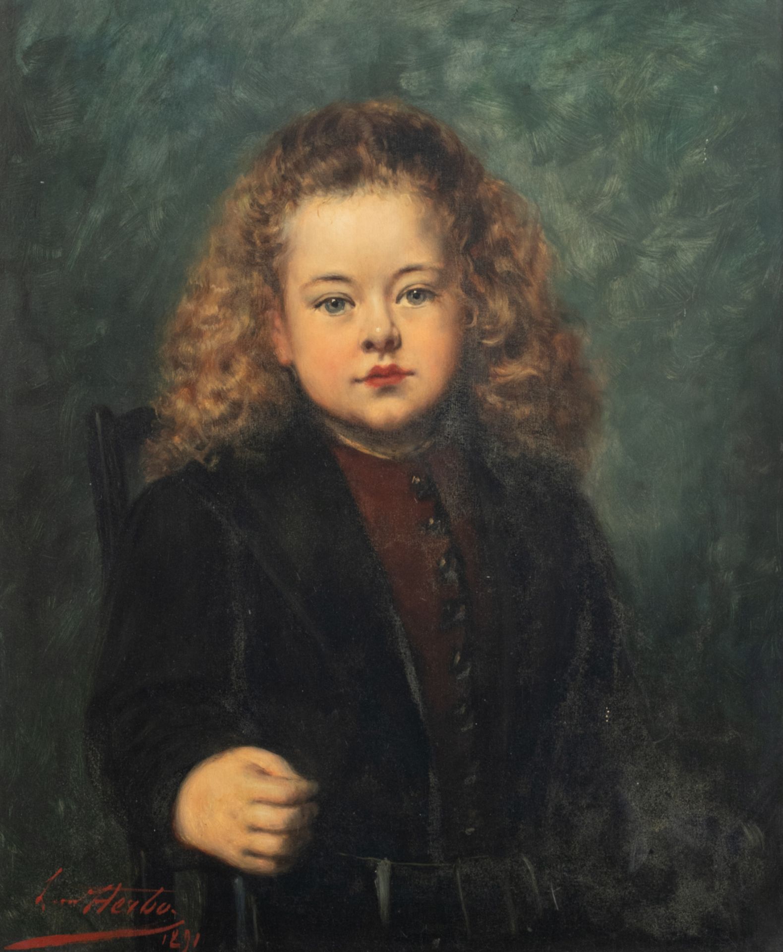 Herbo L., a portrait of a girl, oil on panel, dated 1891, 54 x 67 cm