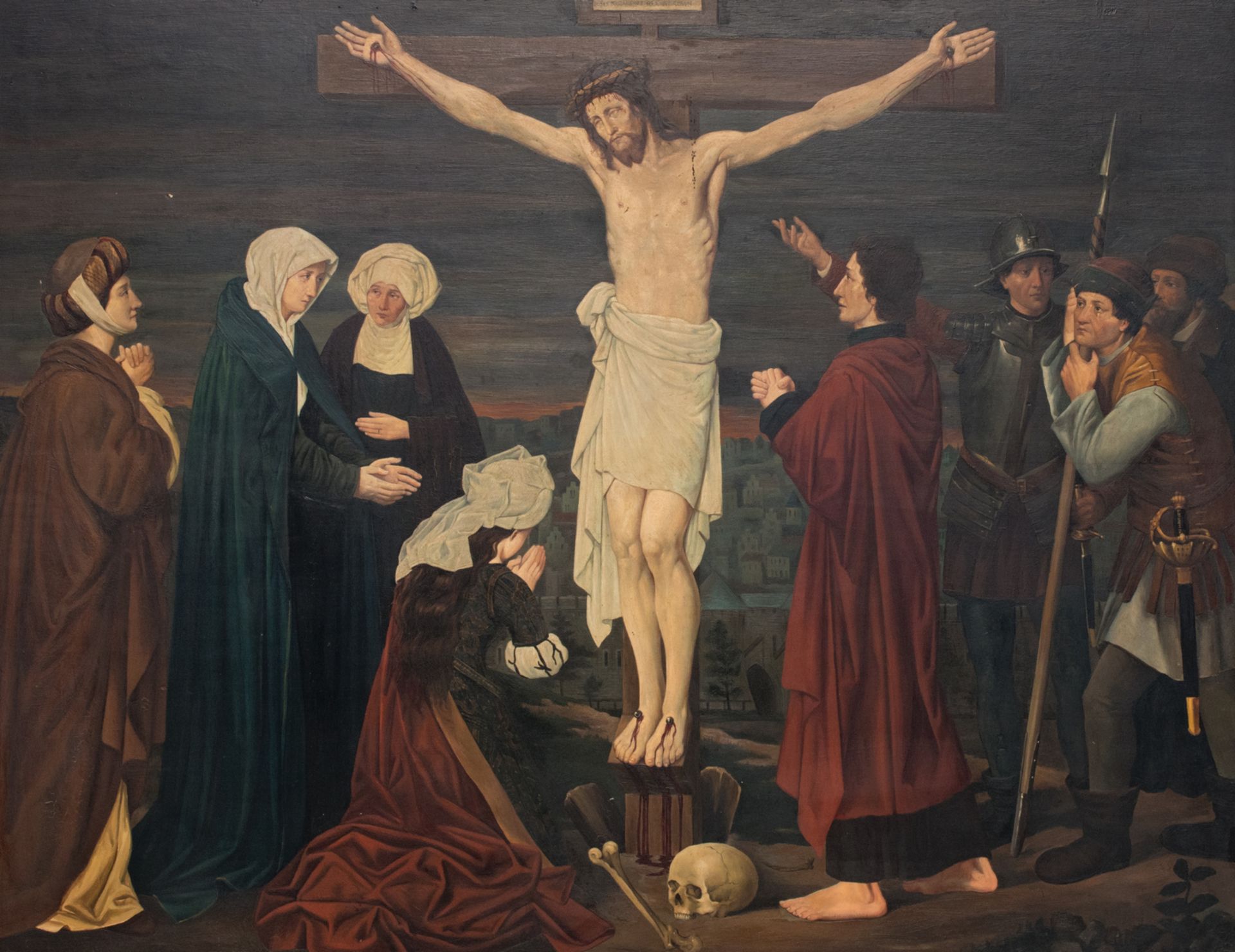 Unsigned, a Golgotha in the manner of the Flemish Primitives, oil on panel, late 19th - early 20thC,