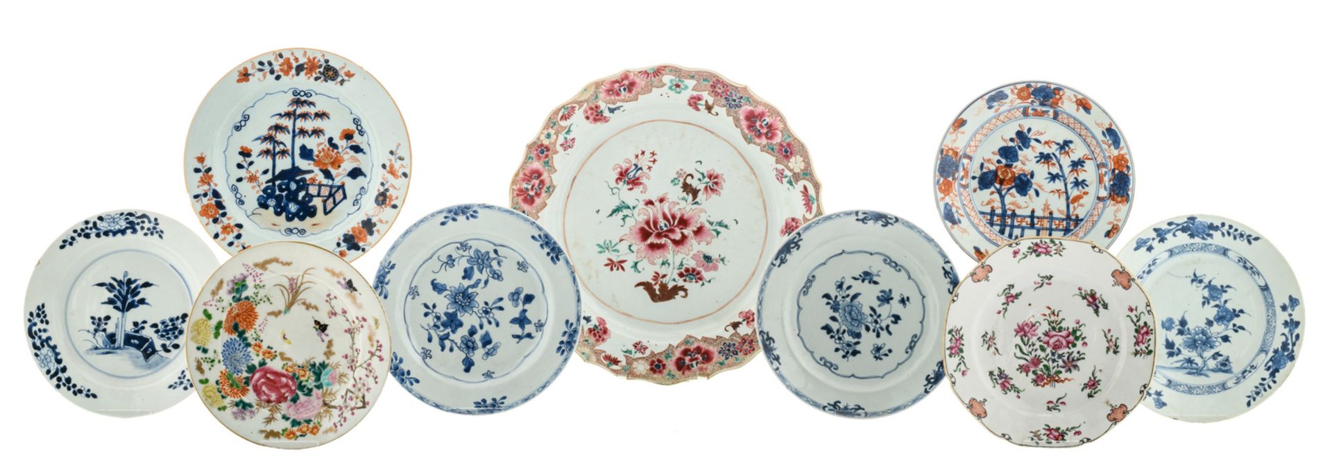 A Chinese famille rose floral decorated export porcelain dish, 18thC; added a various Chinese