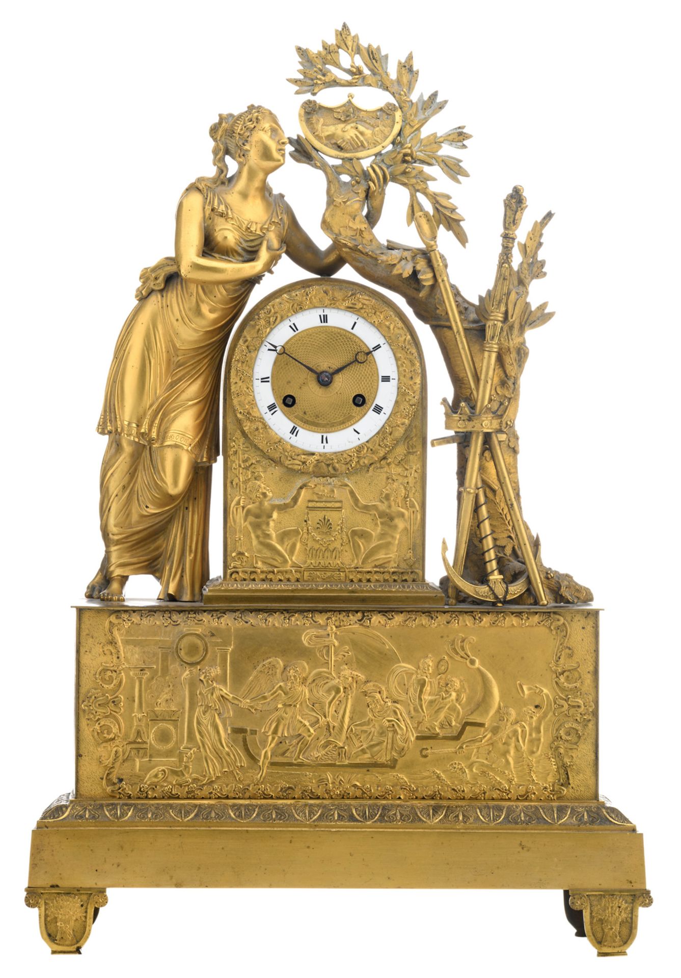 A mid 19thC gilt bronze mantle clock depicting Helen of Troy, traces of a mark on the dial, H 59,5
