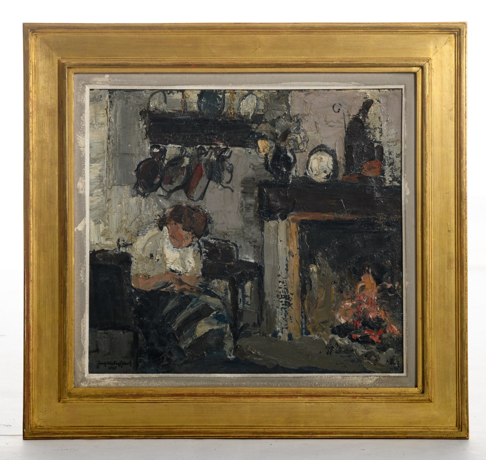 Oosterlynck J., an interior view with a hand working lady, oil on canvas, dated 1947, 40 x 44,5 cm - Image 2 of 4