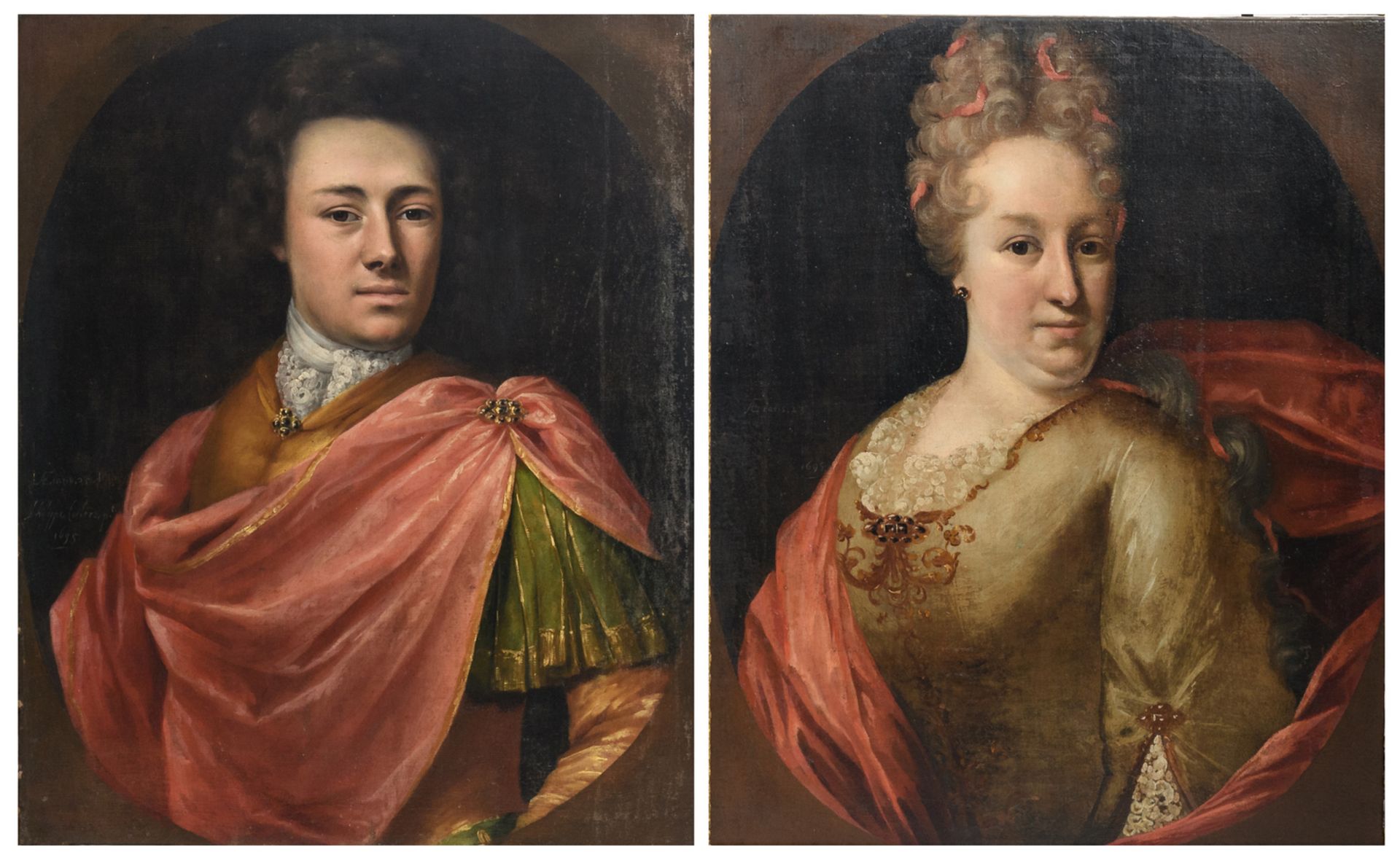 (Coclers Ph.), a double portrait of a young man and a woman, oil on canvas, (dated 1695), 18thC,