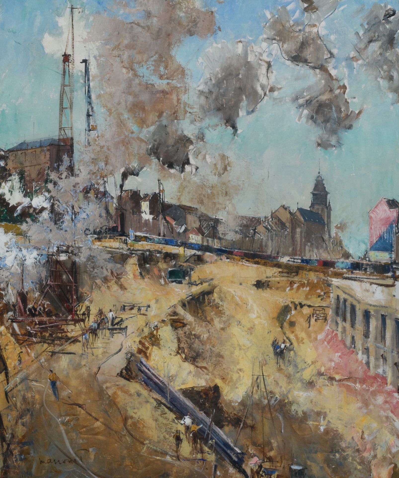 Massonet A., construction of the Brussels-Chapel railway station, oil on canvas, about 1950, 54 x 65