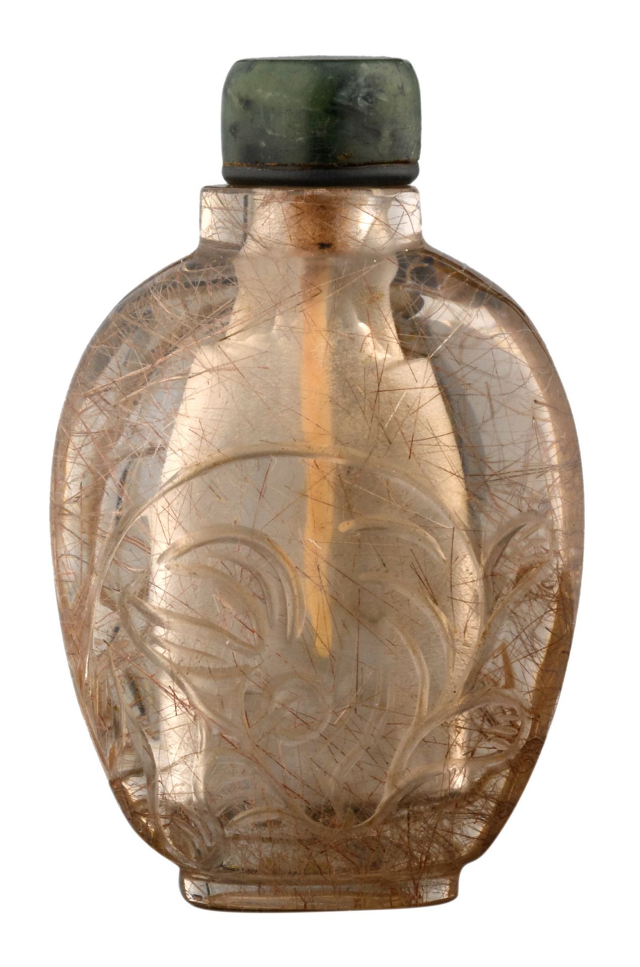 A Chinese carved rock crystal snuff bottle, decorated with rabbits, with spinach jade stopper,