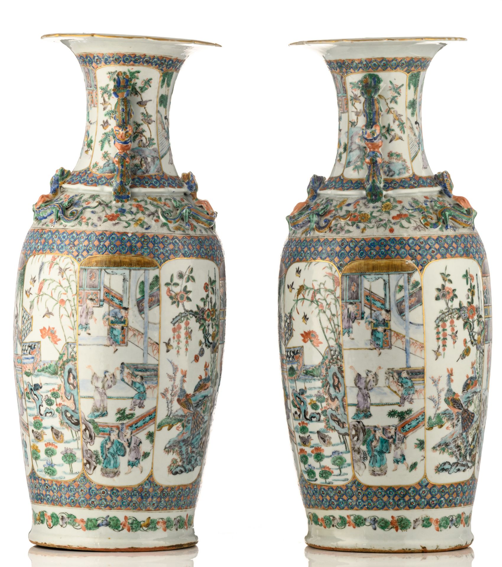 Two Chinese famille verte and polychrome relief decorated vases, the panels with animated scenes, - Bild 2 aus 8