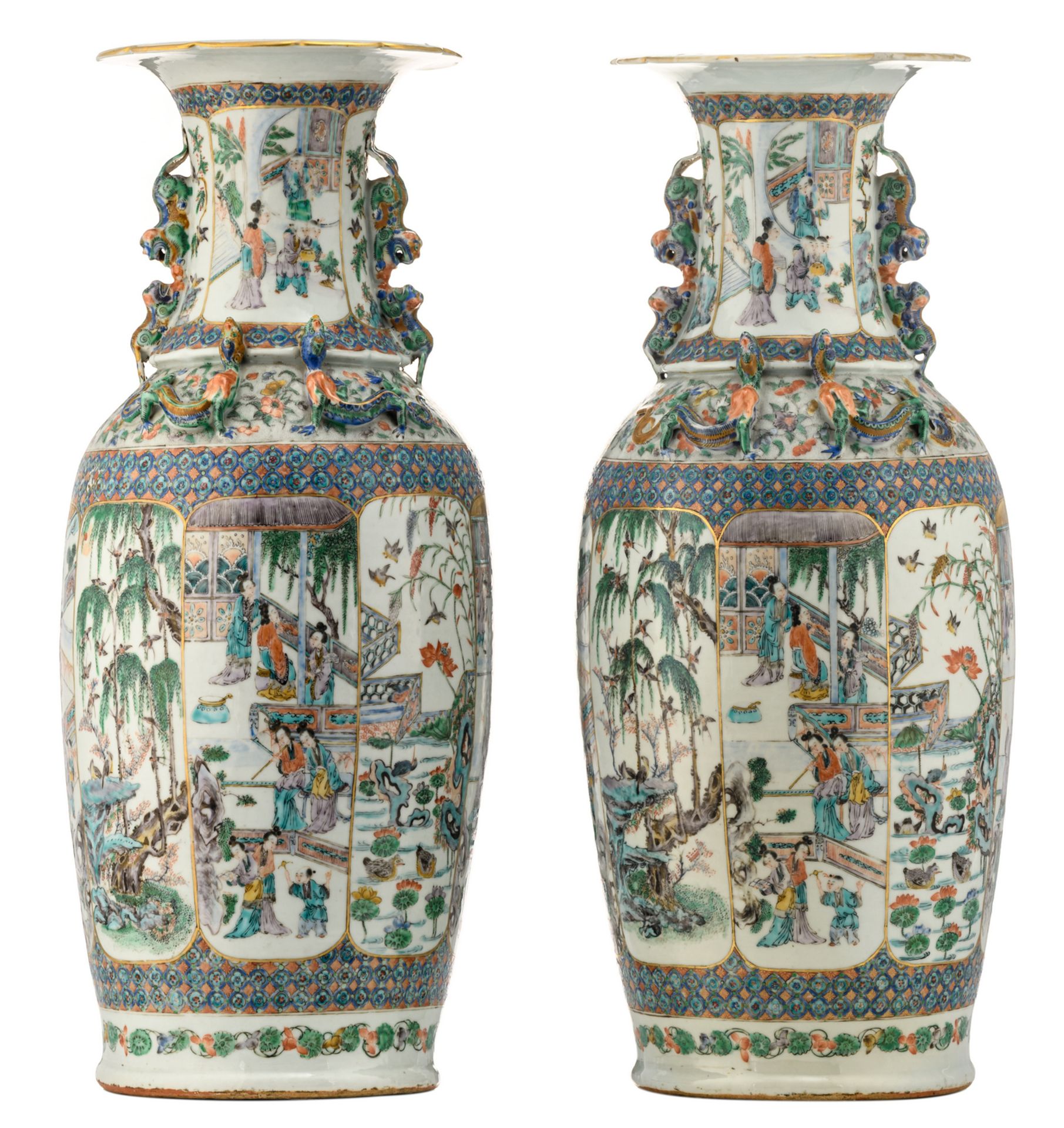 Two Chinese famille verte and polychrome relief decorated vases, the panels with animated scenes,