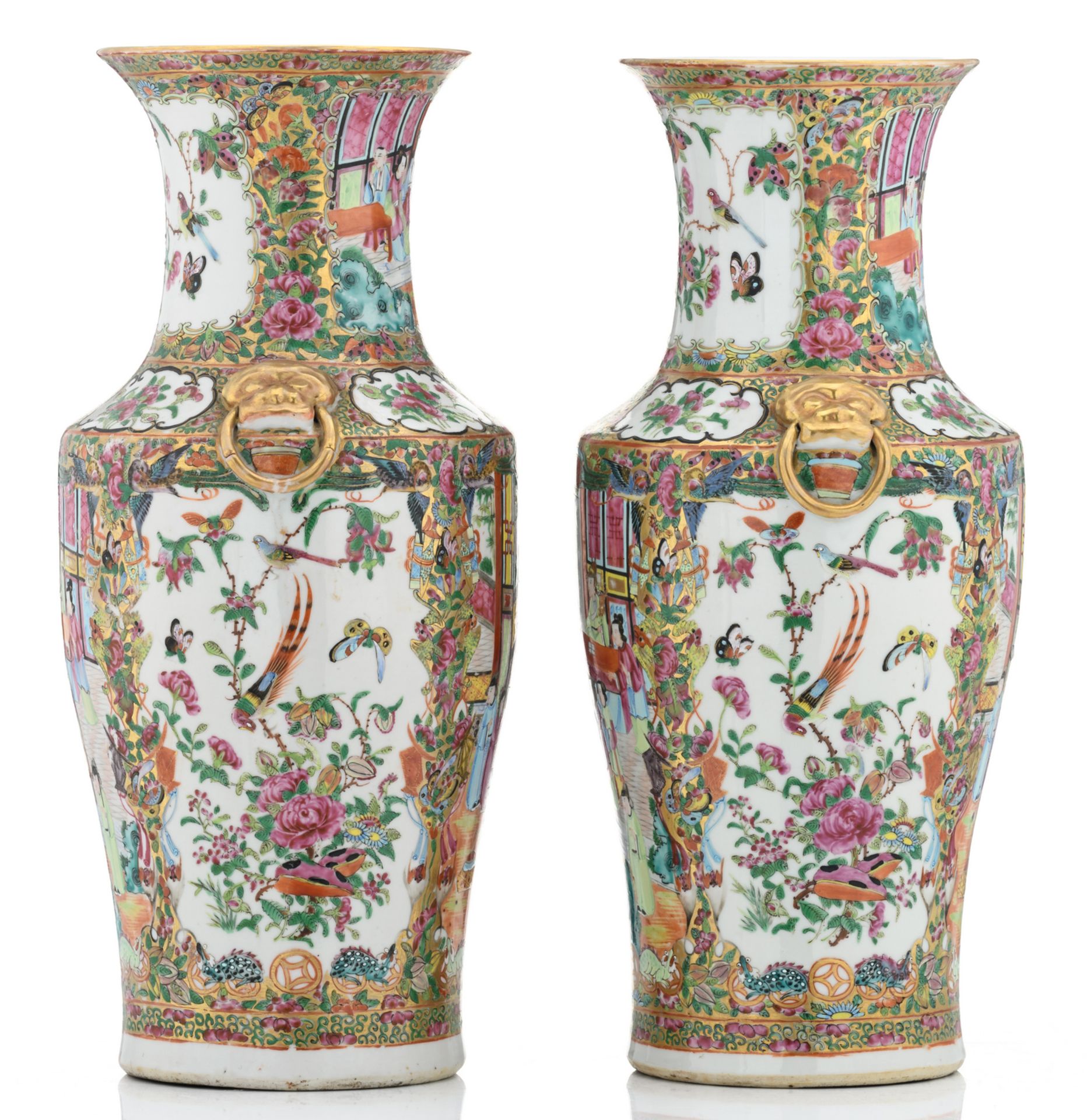 A pair of Chinese Canton famille rose floral decorated baluster shaped vases, the roundels with - Bild 4 aus 6