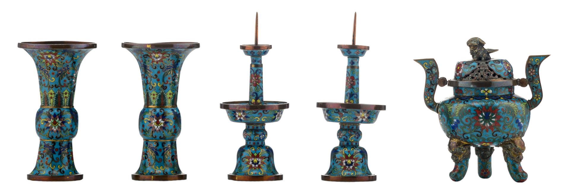 A miniature set of Chinese cloisonné enamel vases, candle sticks and an incense burner, 19thC, H