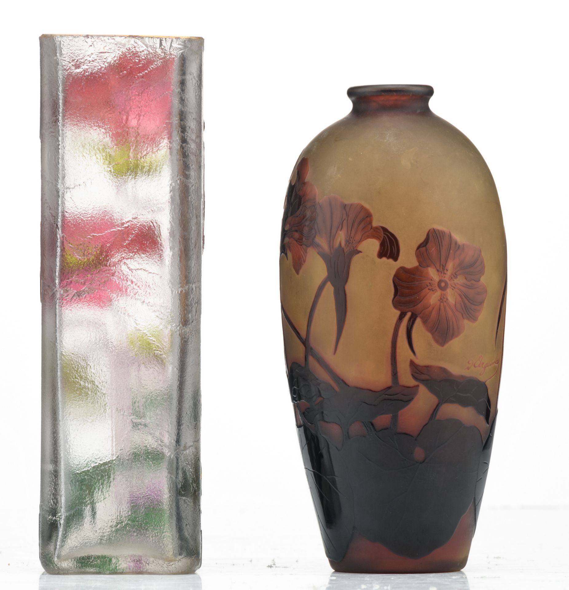 A decorative relief modeled and enamelled frosted glass vase, marked 'L. & Cie - Mont Joye', added - Image 2 of 4