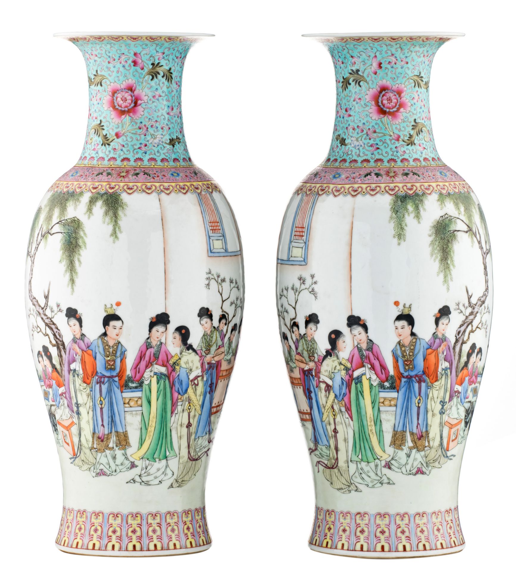 A pair of Chinese famille rose baluster shaped vases, decorated with a gallant garden scene and a
