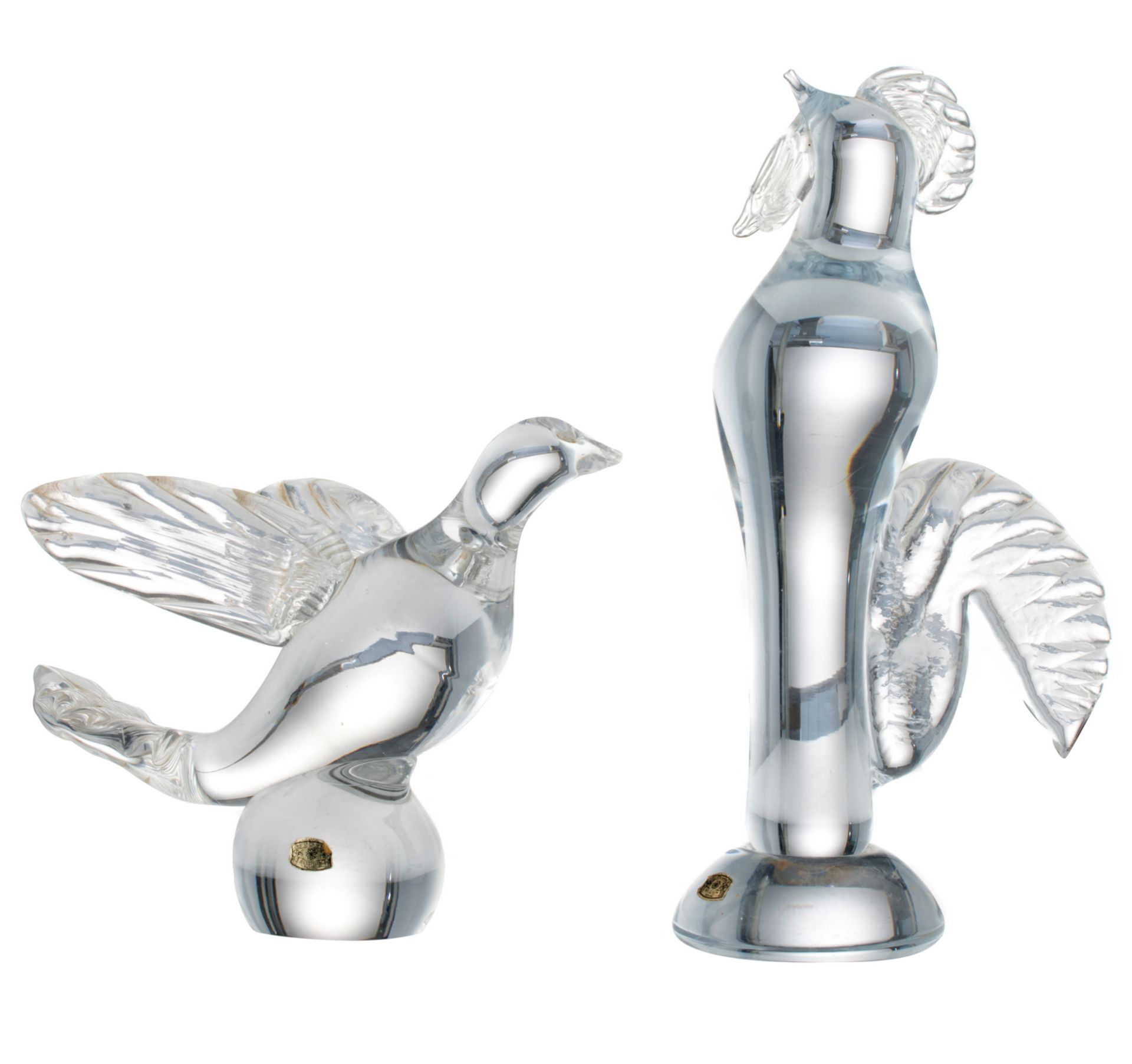 Two 1950s - 1960s decorative Val-Saint-Lambert birds, H 20 - 33 cm