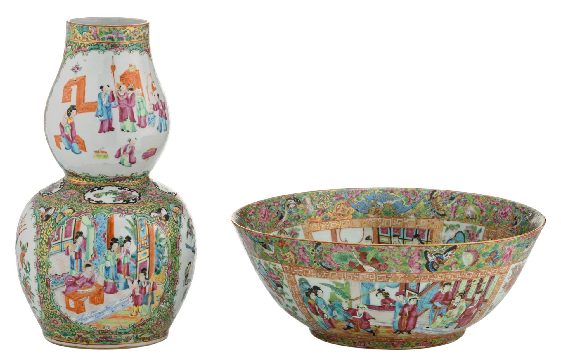 A Chinese Canton floral decorated bowl, the roundels with various court scenes, 19thC, H 14,5 - ø 37
