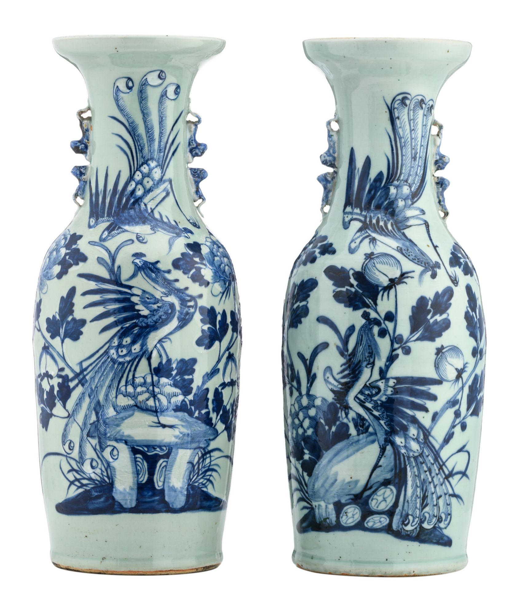Two Chinese celadon ground blue and white vases, decorated with phoenix, rocks and flower