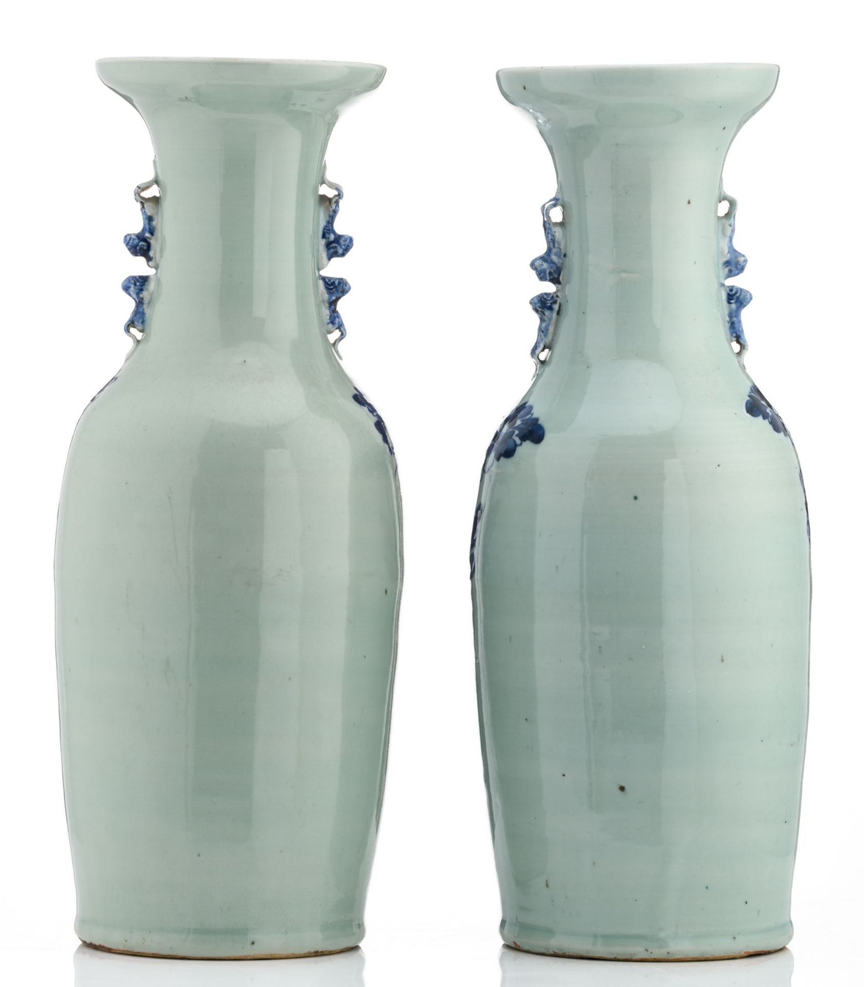 Two Chinese celadon ground blue and white vases, decorated with phoenix, rocks and flower - Image 3 of 6