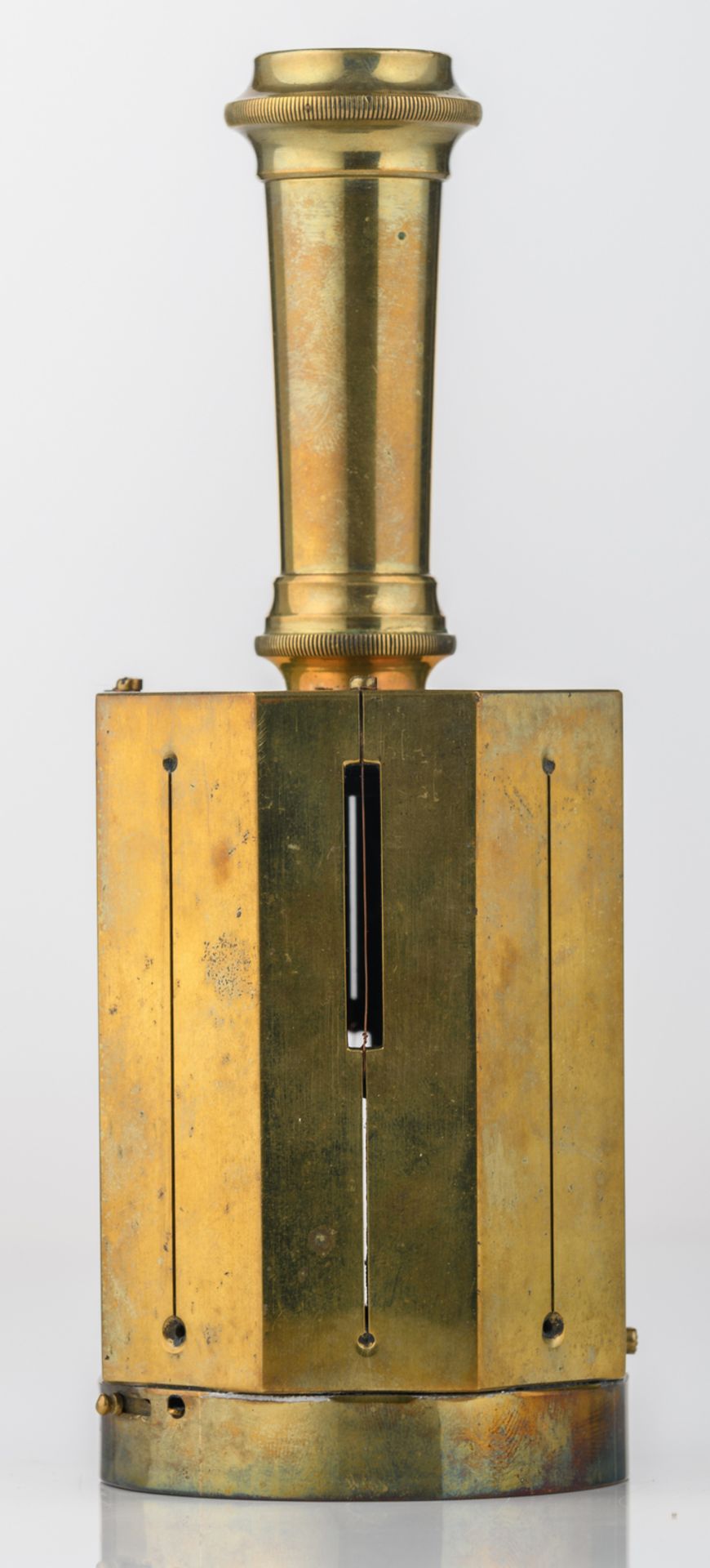 A late 19thC brass compact (surveyor's) compass, in its original oak box, indistinctly marked, H - Bild 8 aus 10