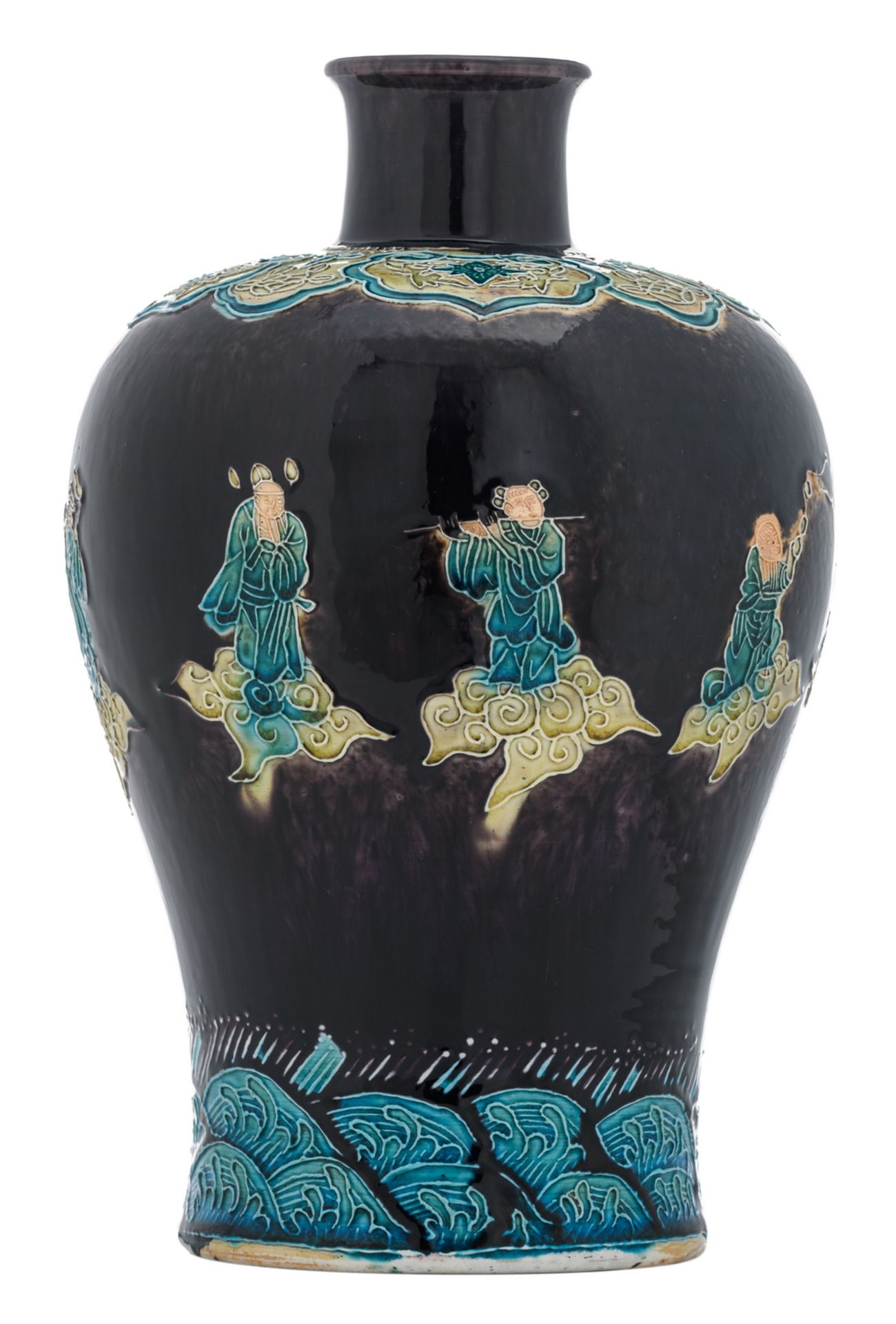 A Chinese polychrome and relief decorated meiping vase with the Eight Immortals, with a matching