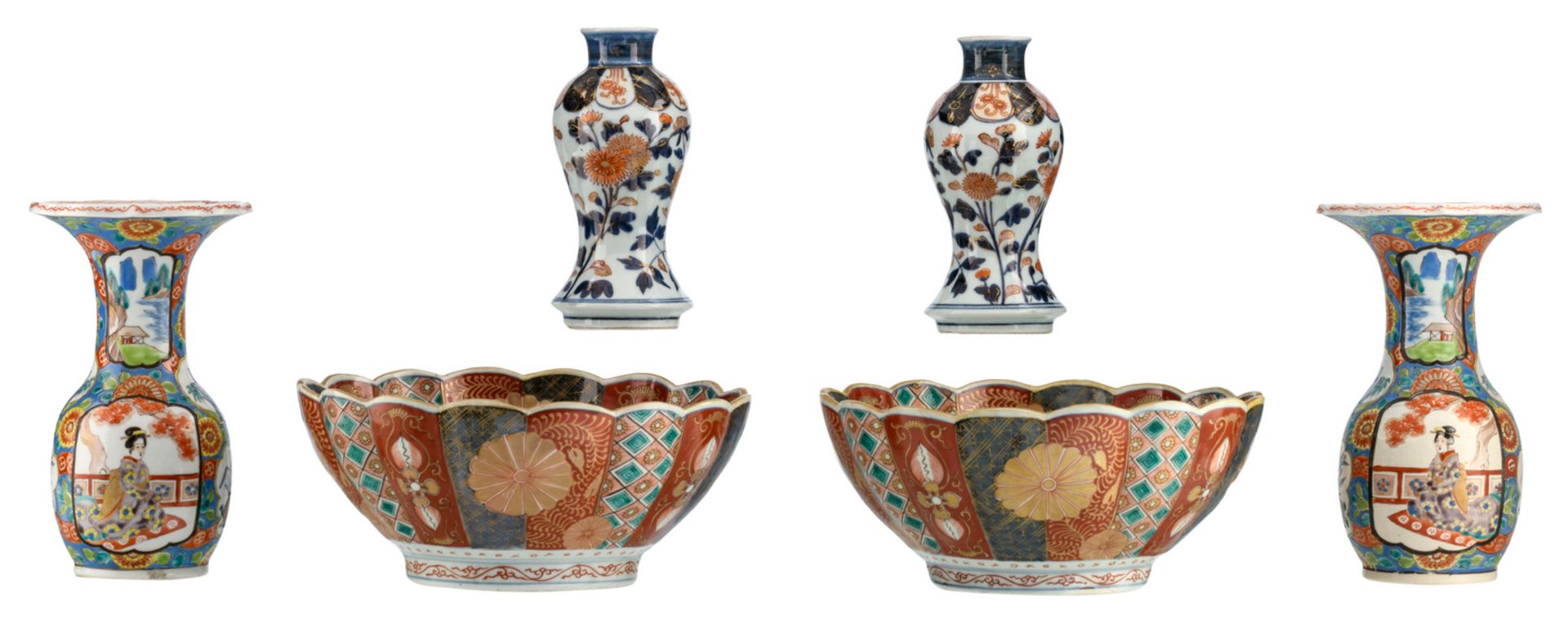 A pair of Japanese Imari floral decorated lobed bowls, marked, Meiji; added two pairs of ditto