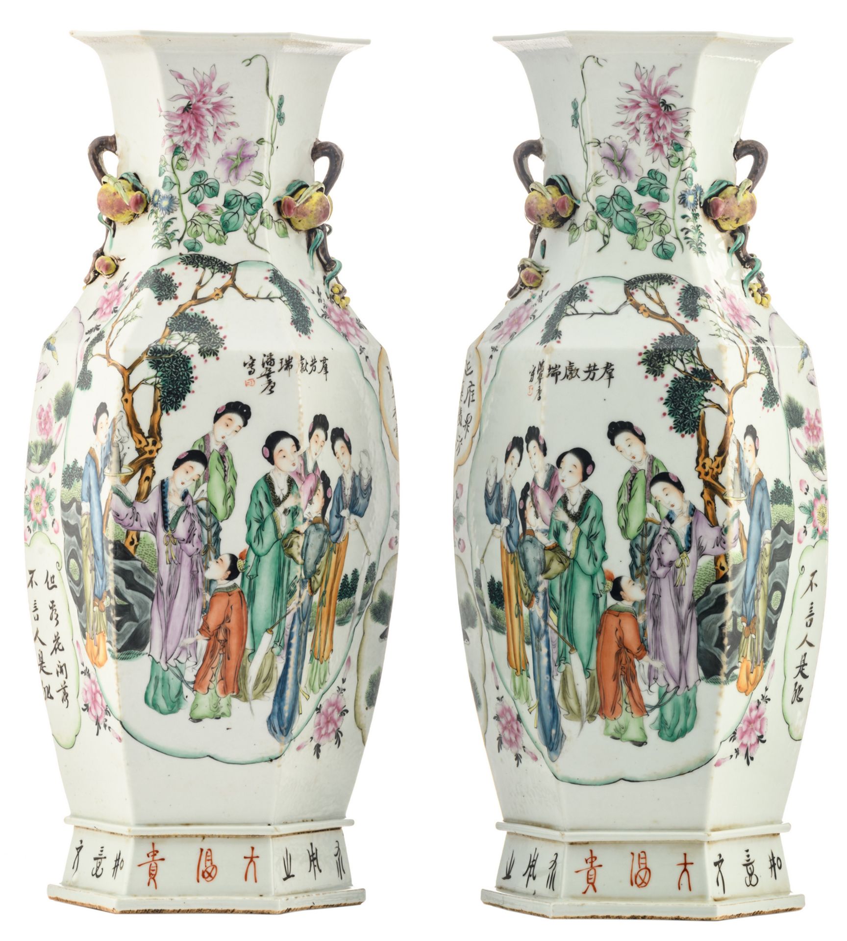A pair of Chinese famille rose quadrangular vases, decorated with a gallant scene and calligraphic