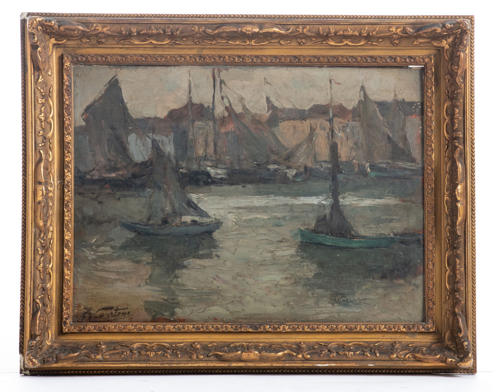 Courtens F., a view on a harbor, oil on panel, 32,5 x 43,5 cm - Image 2 of 4