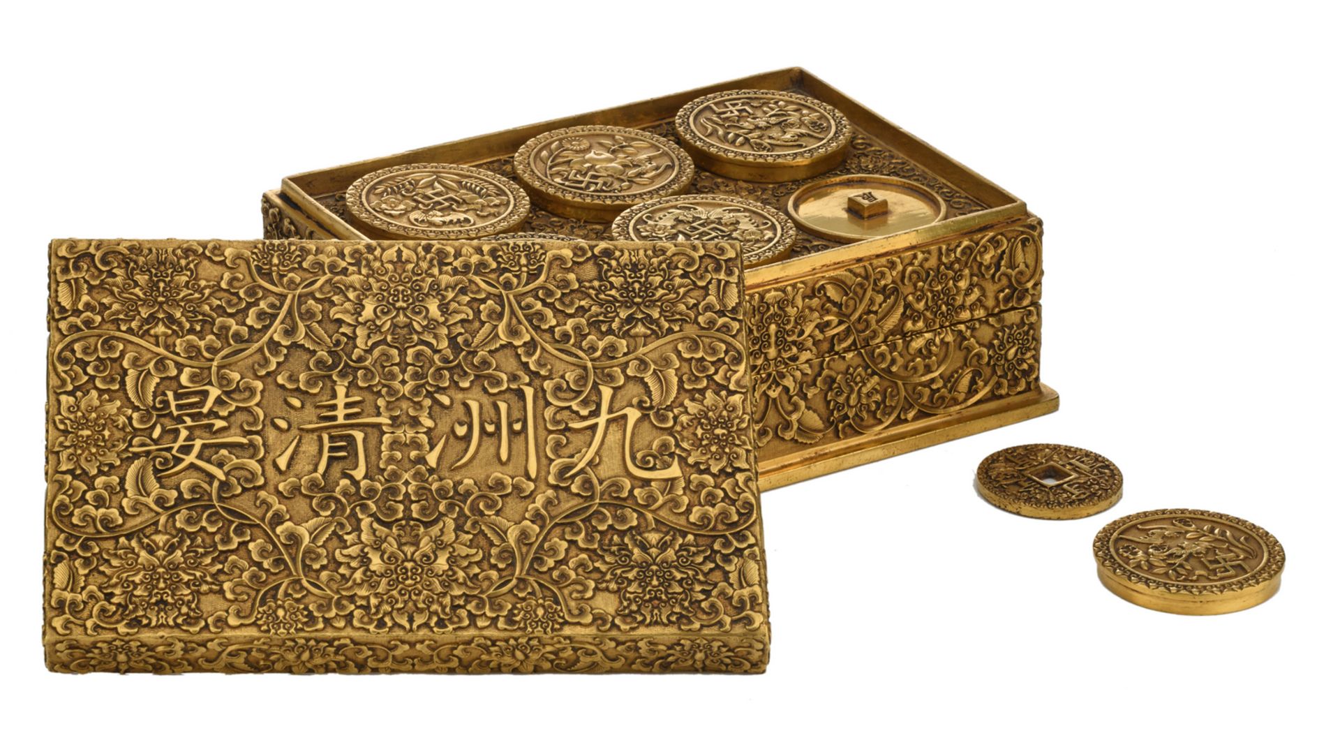 A fine Chinese basso relievo worked bronze three-part collector’s box and cover with inside a