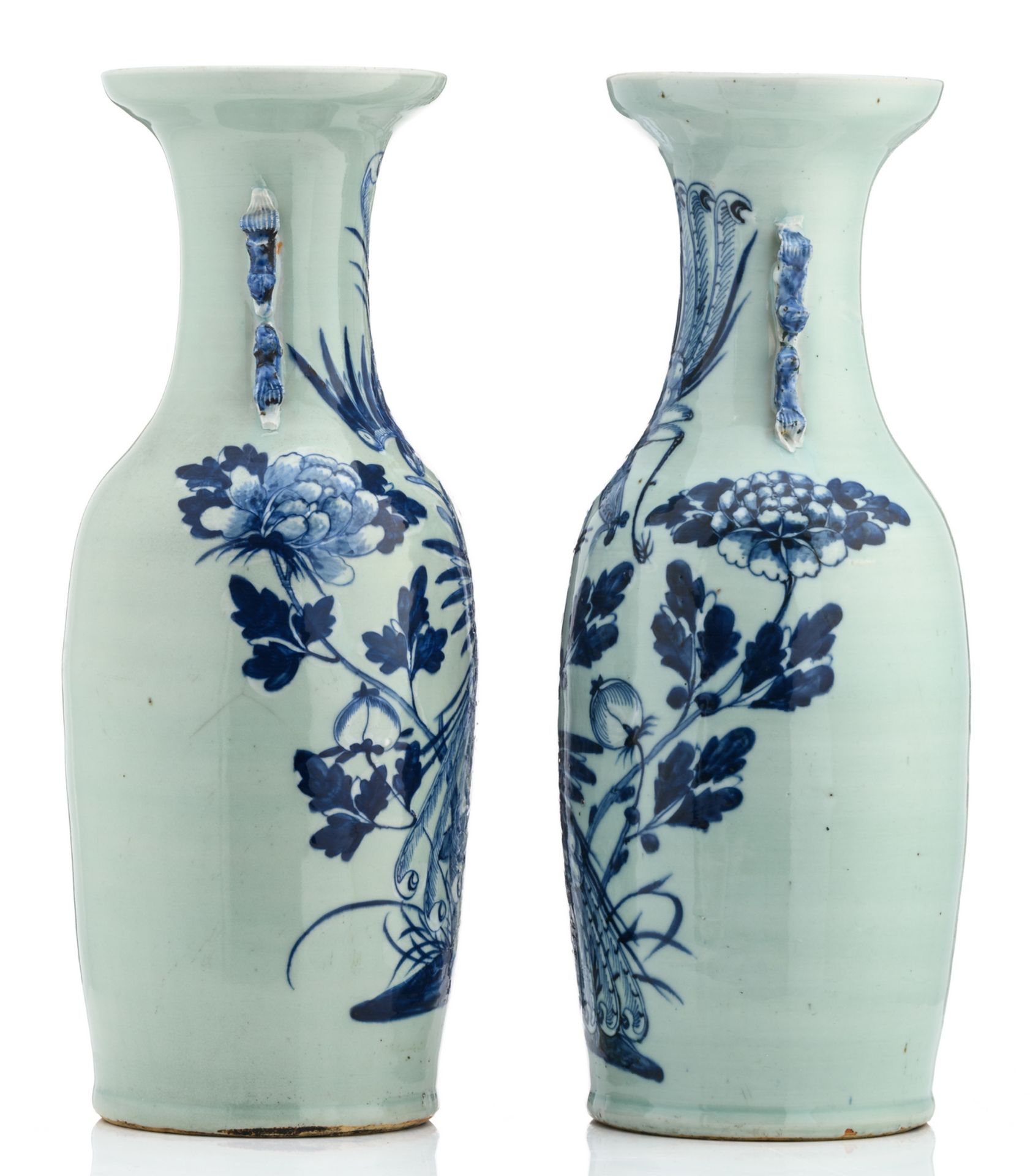 Two Chinese celadon ground blue and white vases, decorated with phoenix, rocks and flower - Image 2 of 6