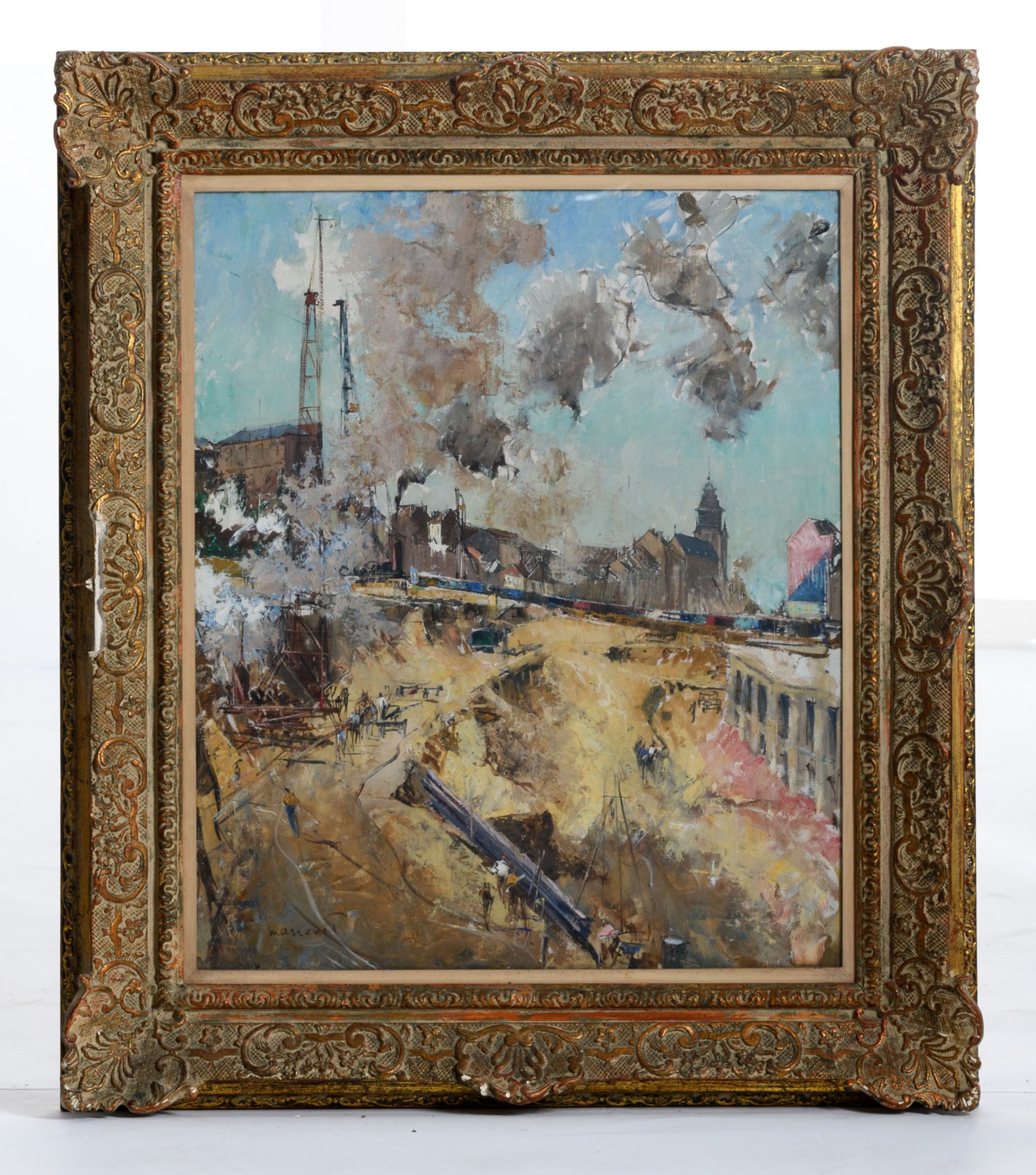 Massonet A., construction of the Brussels-Chapel railway station, oil on canvas, about 1950, 54 x 65 - Bild 2 aus 4