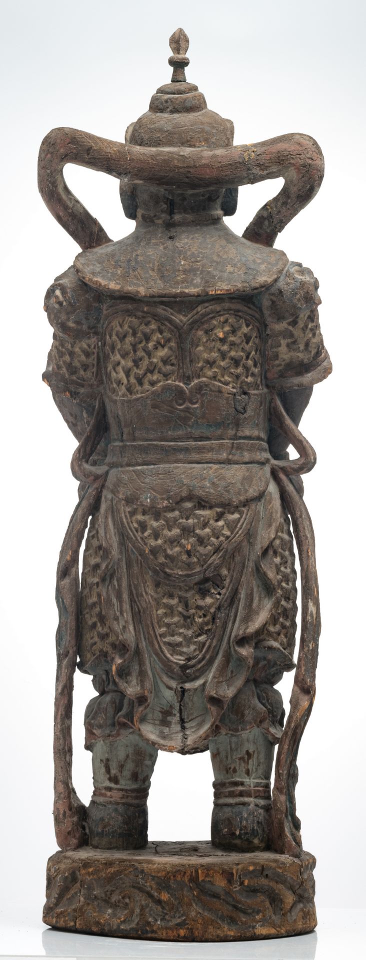 A large Chinese polychrome decorated carved wooden figure of a Namaskara Mudra Buddha, H 141,5 cm - Image 3 of 6