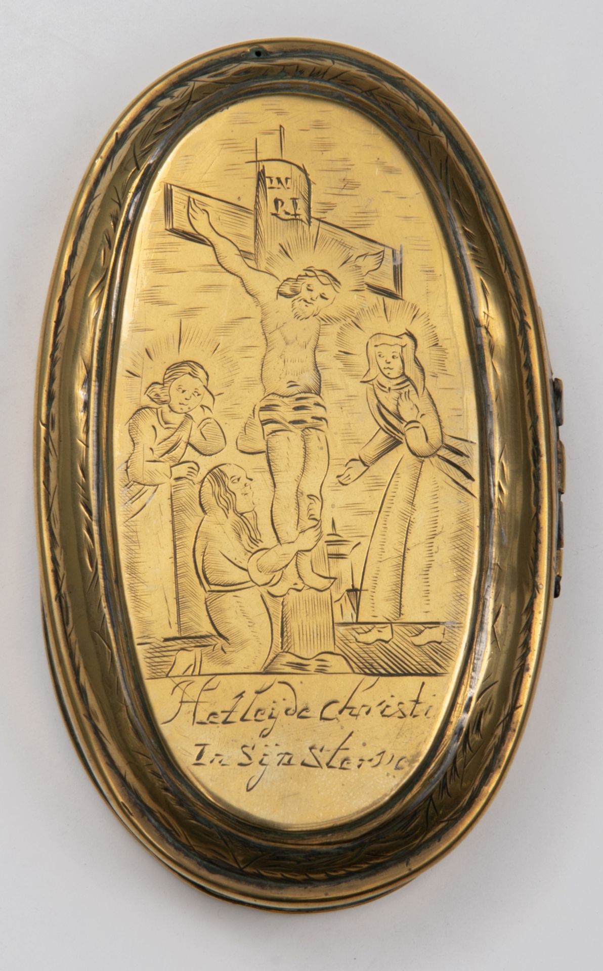 An 18thC brass tobacco box, the Northern Netherlands, the cover engraved with a Golgotha and - Image 2 of 6