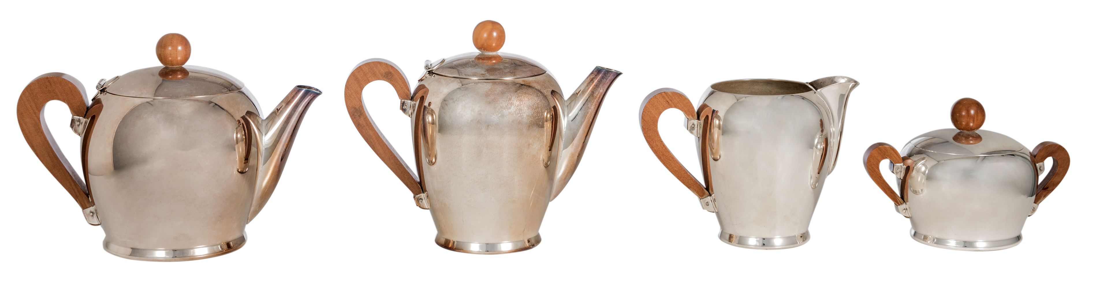 A 1950s five-part silver plated coffee and tea set with cherry wood handles, Alessi, H 11 - 16,5 - ø - Image 2 of 9