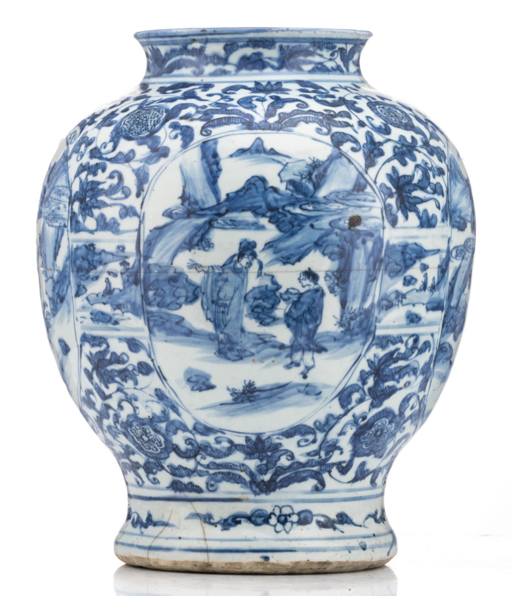 A Chinese blue and white Wanli vase, floral decorated, the roundels with figures in a landscape, - Image 2 of 6