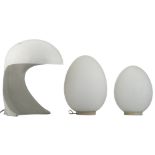Three design lamps, two out of frosted glass, one a 'Dania Table lamp' by Dario Tognon for Artemide,