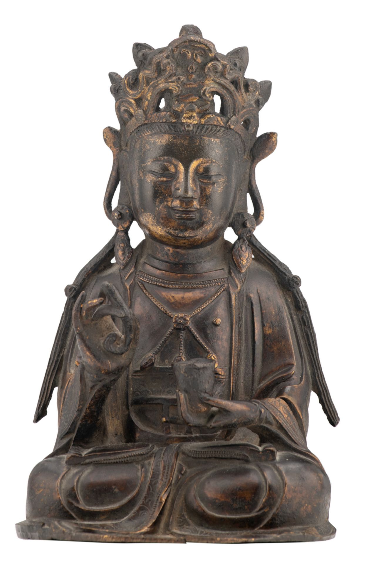 A gilt bronze figure of a Guanyin holding a stem and a cup, Ming, probably 17thC, H 20 cm