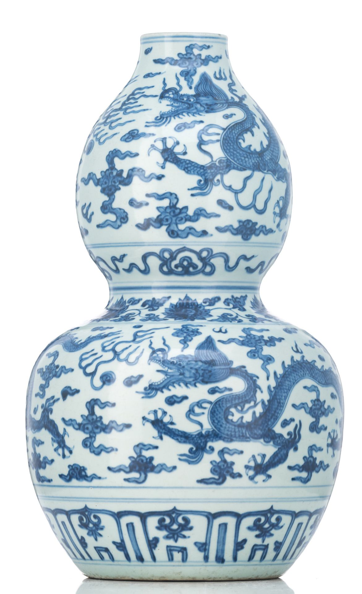 A Chinese blue and white double gourd vase, decorated with dragons and flaming pearls amid clouds, H - Image 2 of 6