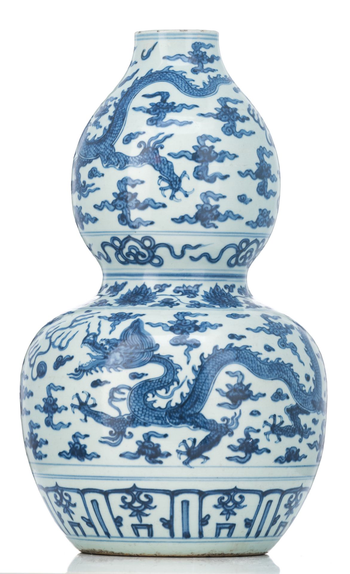 A Chinese blue and white double gourd vase, decorated with dragons and flaming pearls amid clouds, H - Image 3 of 6